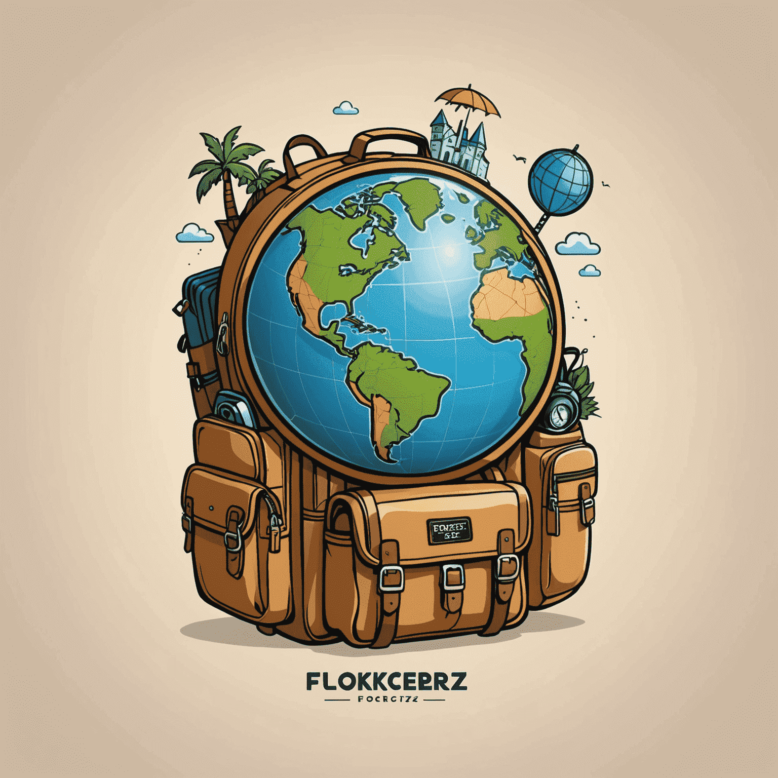 Flokcerz Travel Logo - A playful and adventurous design featuring a globe with a backpack