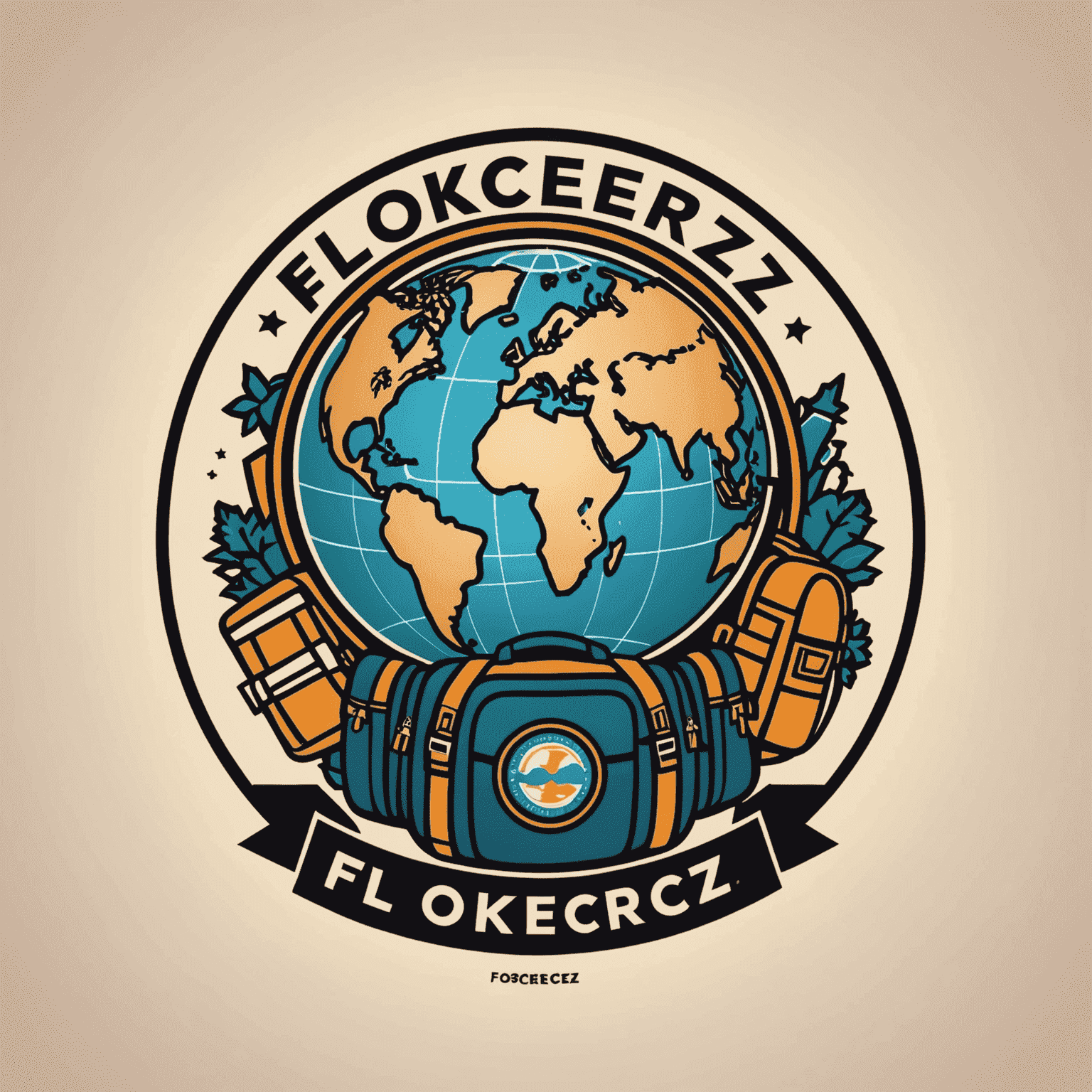 Flokcerz Travel Logo - A playful and adventurous design featuring a globe with a backpack