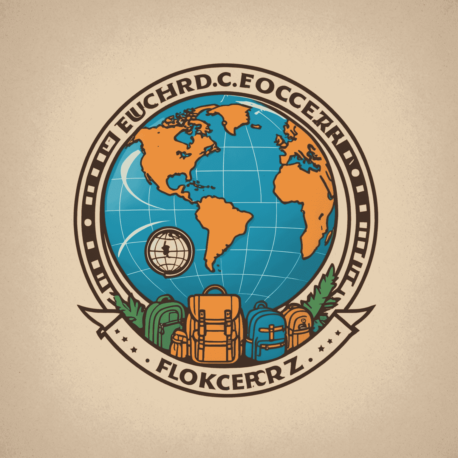 Flokcerz Travel Logo - A playful and adventurous design featuring a globe with a backpack