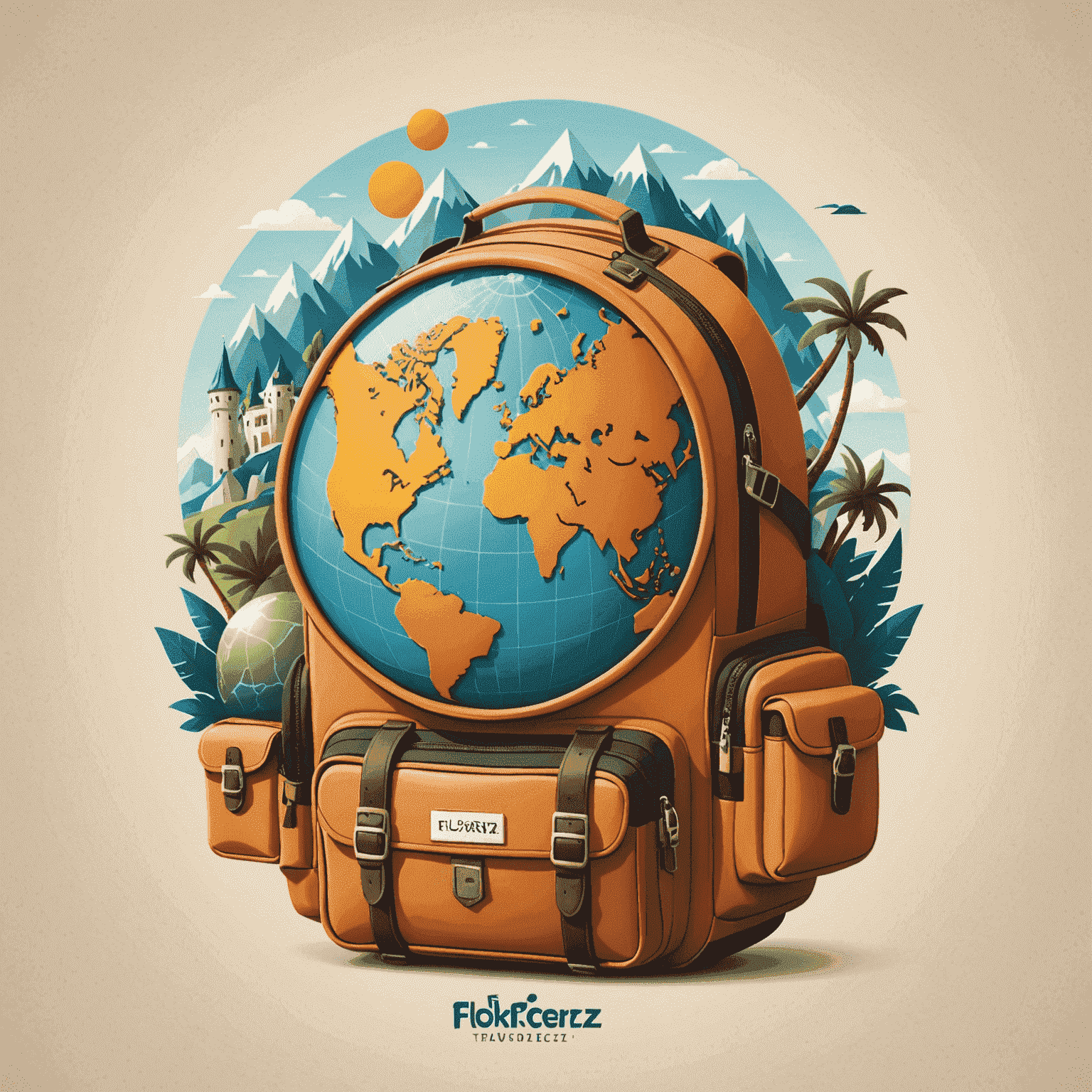 Flokcerz Travel Logo - A playful and adventurous design featuring a globe with a backpack