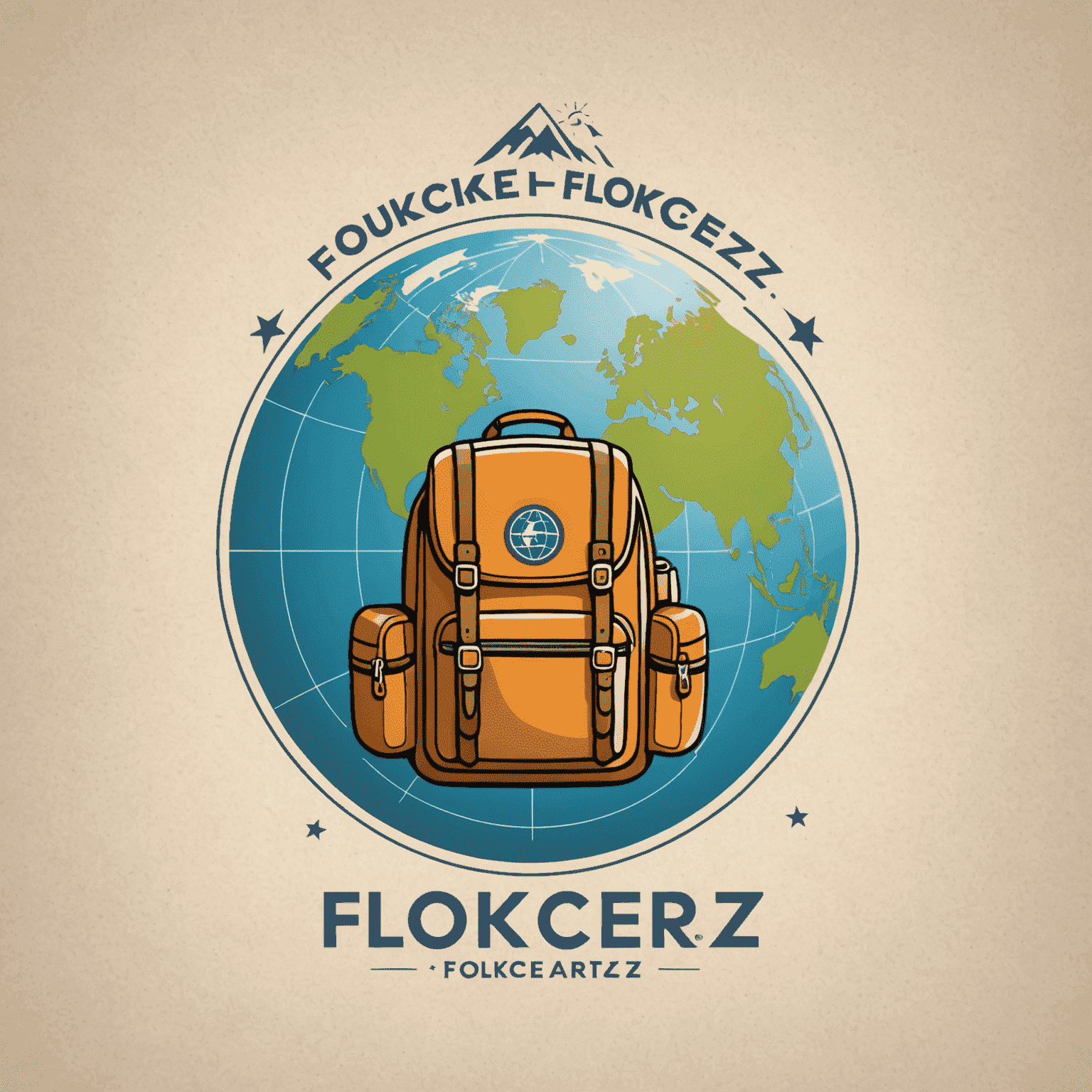 Flokcerz Travel Logo - A playful and adventurous design featuring a globe with a backpack