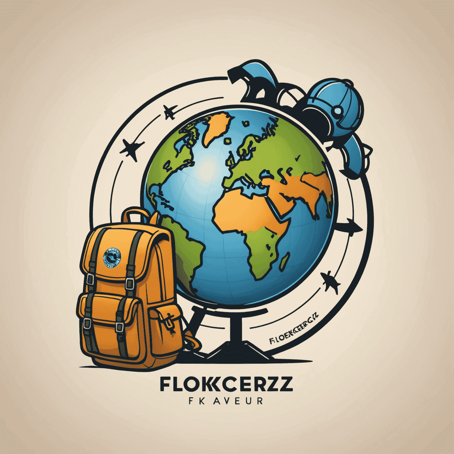 Flokcerz Travel Logo - A playful and adventurous design featuring a globe with a backpack