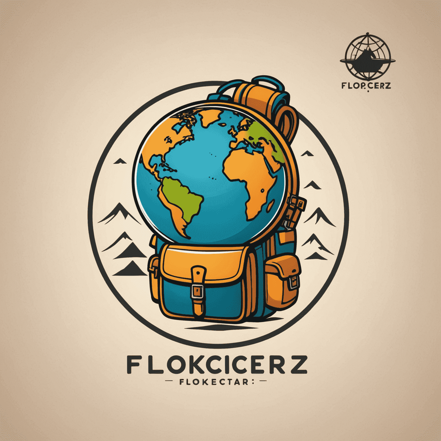 Flokcerz Travel Logo - A playful and adventurous design featuring a globe with a backpack