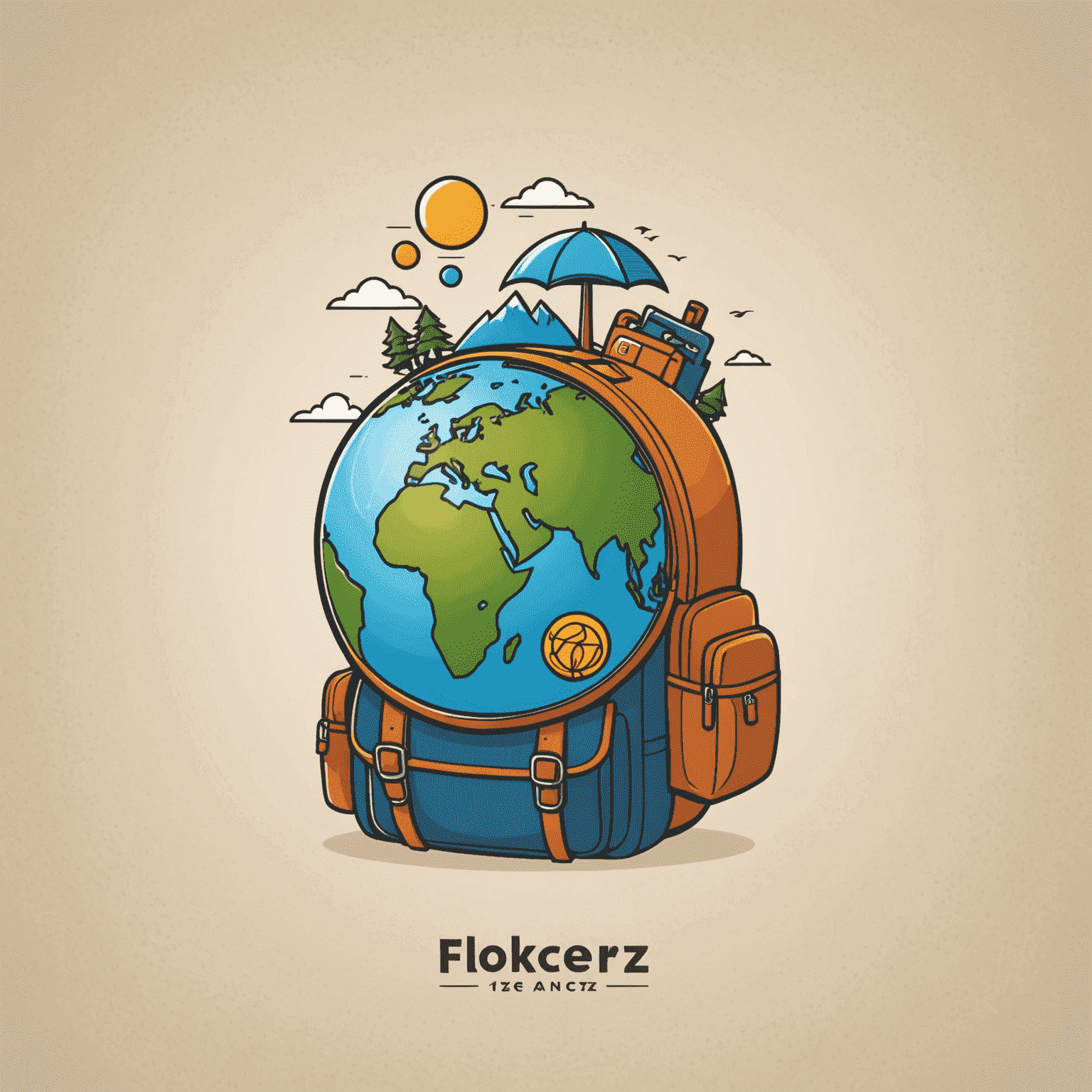 Flokcerz Travel Logo - A playful and adventurous design featuring a globe with a backpack