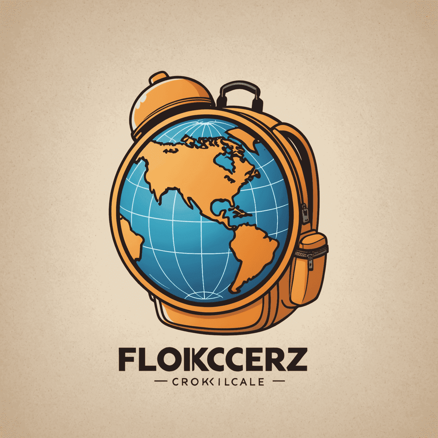 Flokcerz Travel Logo - A playful and adventurous design featuring a globe with a backpack