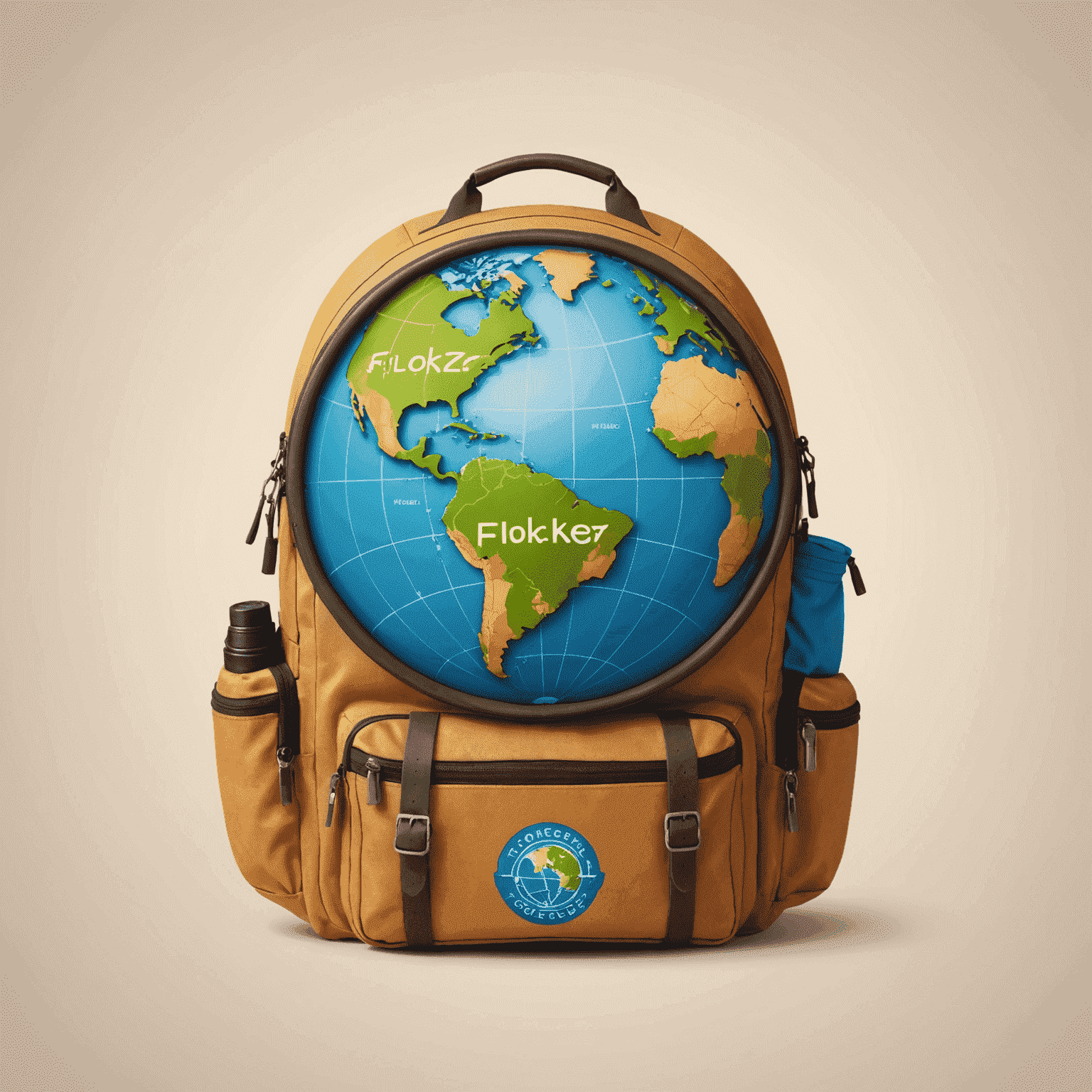 Flokcerz Travel Logo - A playful and adventurous design featuring a globe with a backpack