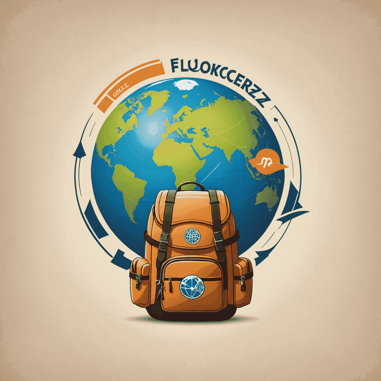 Flokcerz Travel Logo - A playful and adventurous design featuring a globe with a backpack