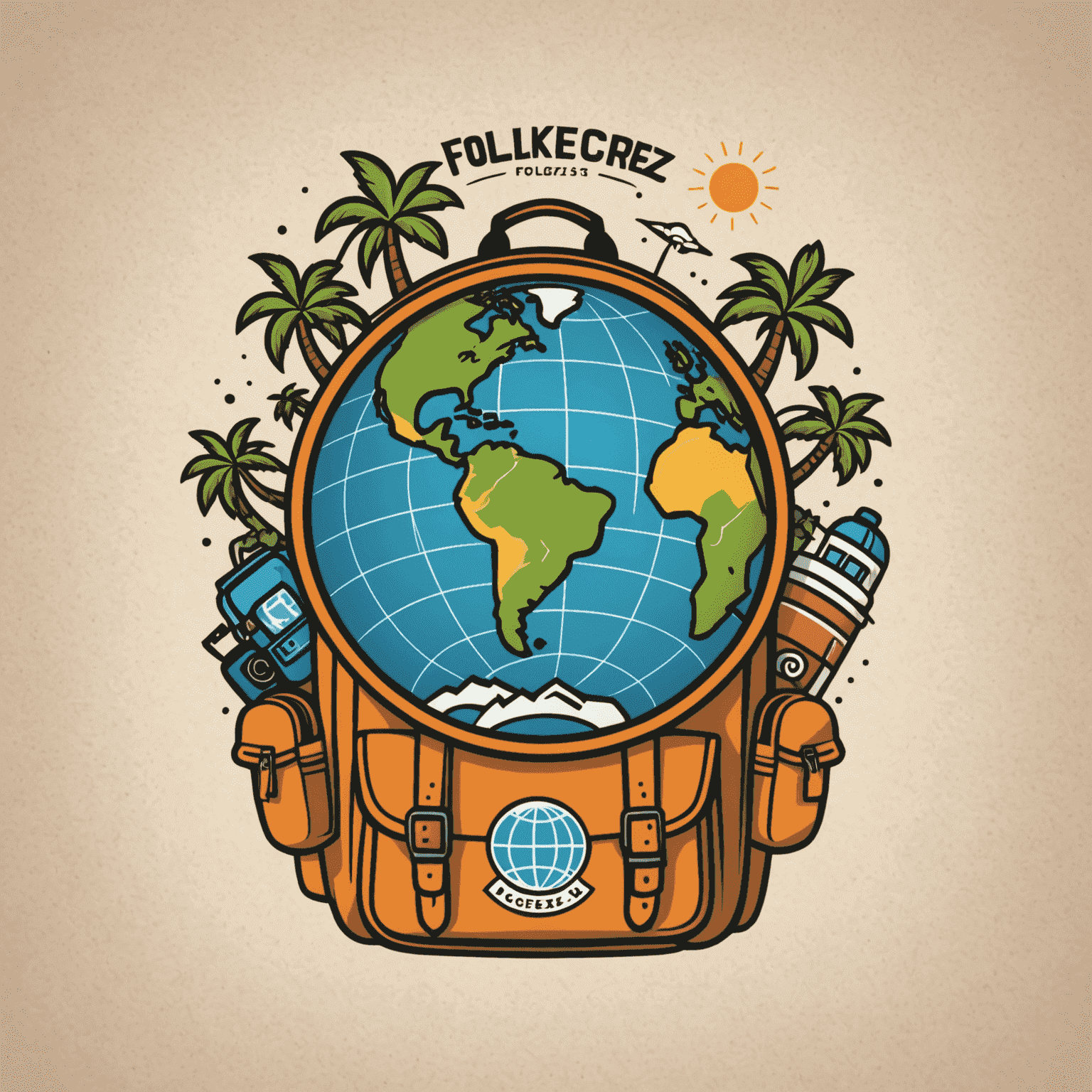 Flokcerz Travel Logo - A playful and adventurous design featuring a globe with a backpack