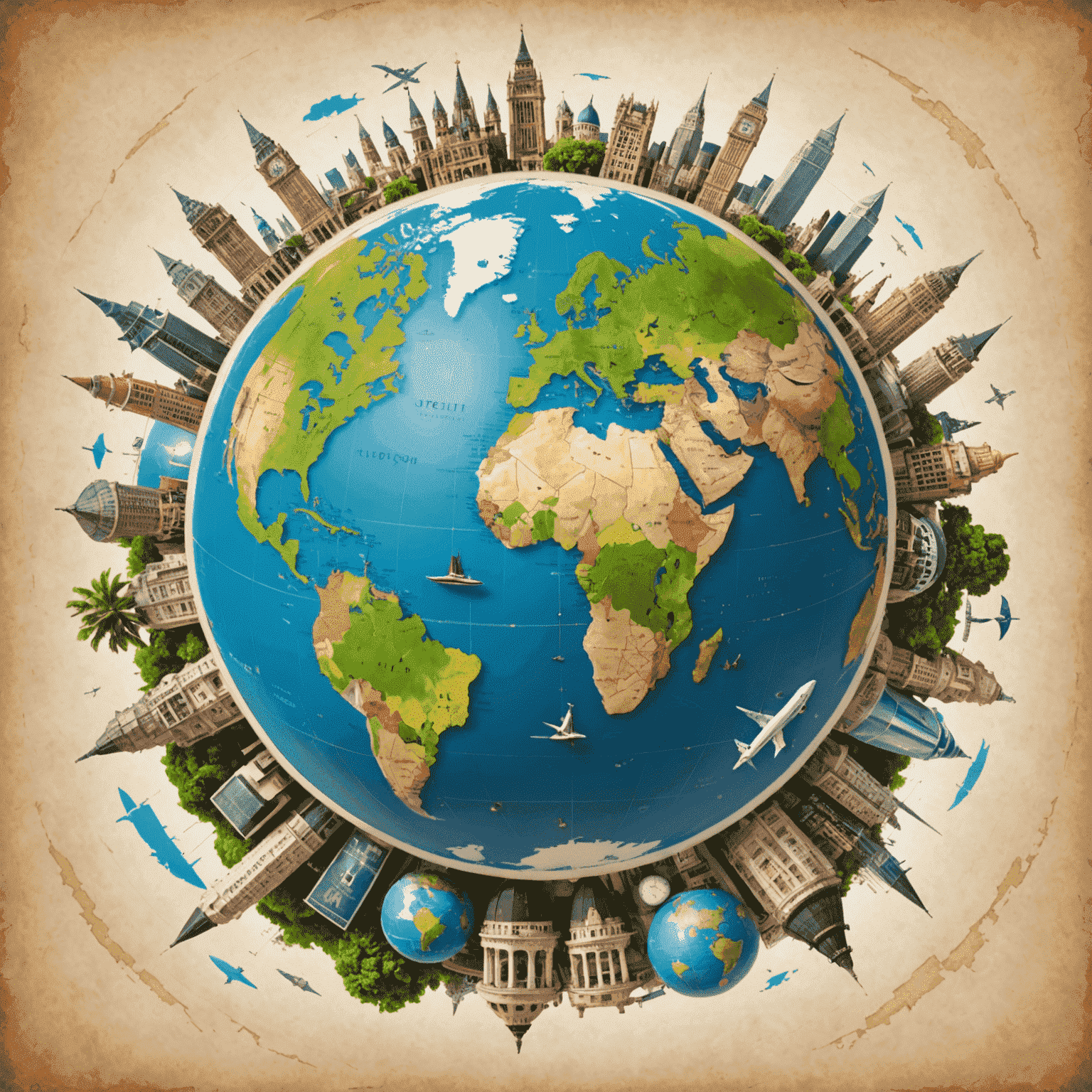 Circular image of a globe with various travel destinations highlighted