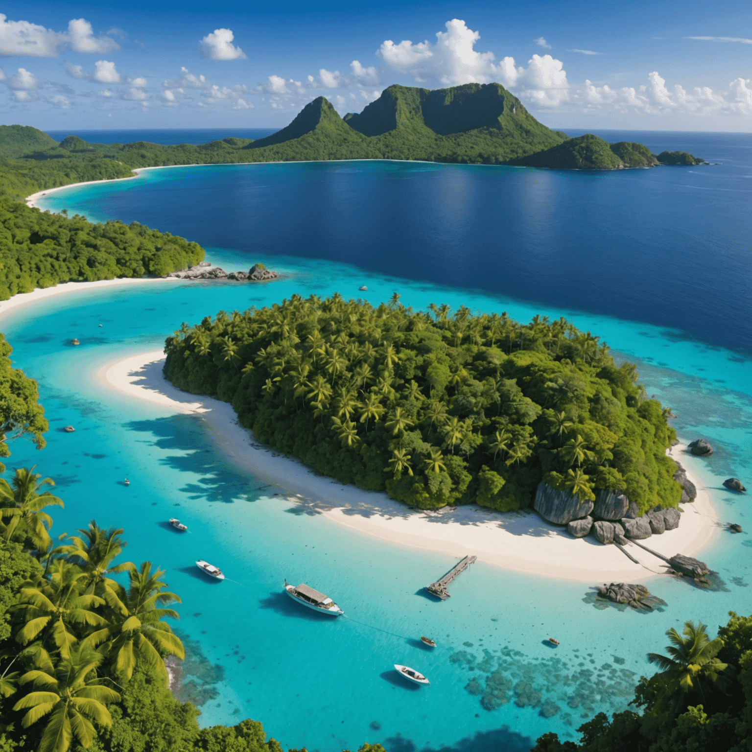 A breathtaking panoramic view of a newly discovered tropical island paradise with pristine beaches, lush forests, and crystal-clear turquoise waters. The image showcases the island's natural beauty and untouched landscapes, hinting at its potential as an exclusive travel destination.