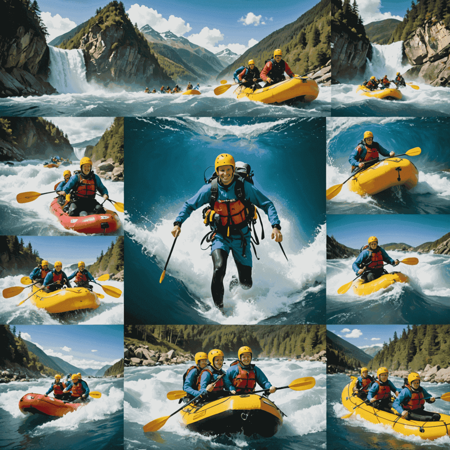 Montage of adventure activities including mountain climbing, deep-sea diving, and white-water rafting