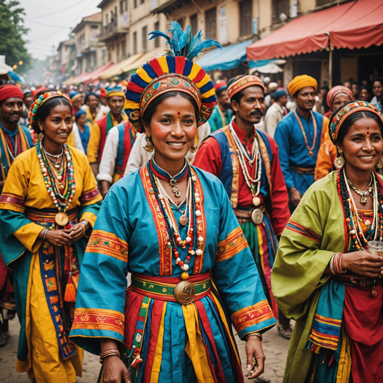 Colorful crowd celebrating at a vibrant cultural festival, with traditional costumes and decorations