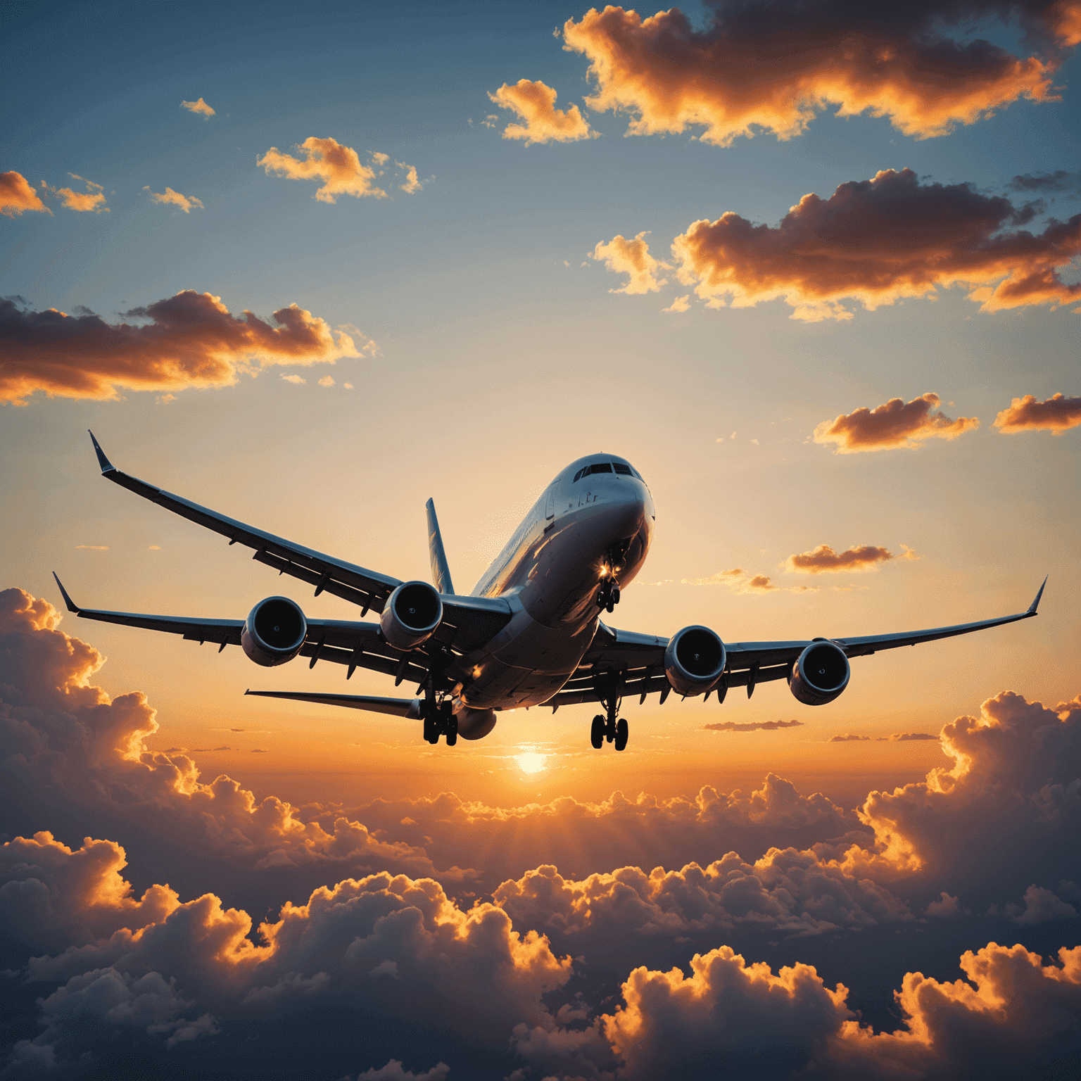 An airplane taking off against a sunset sky, symbolizing flight booking services