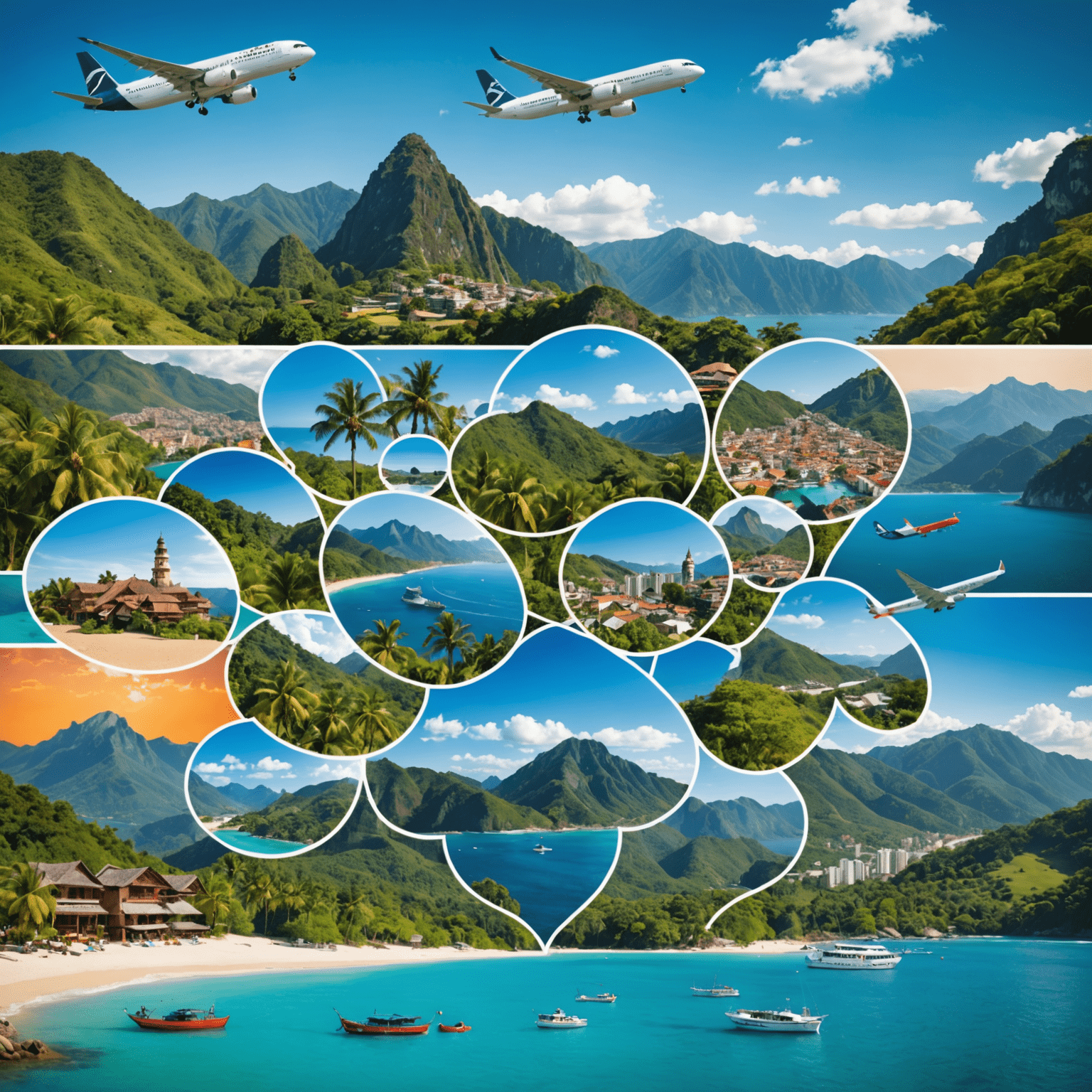 A collage of various dream destinations including tropical beaches, bustling cities, and serene mountains. The image showcases the diversity of travel options available through Flokcerz flight booking service.