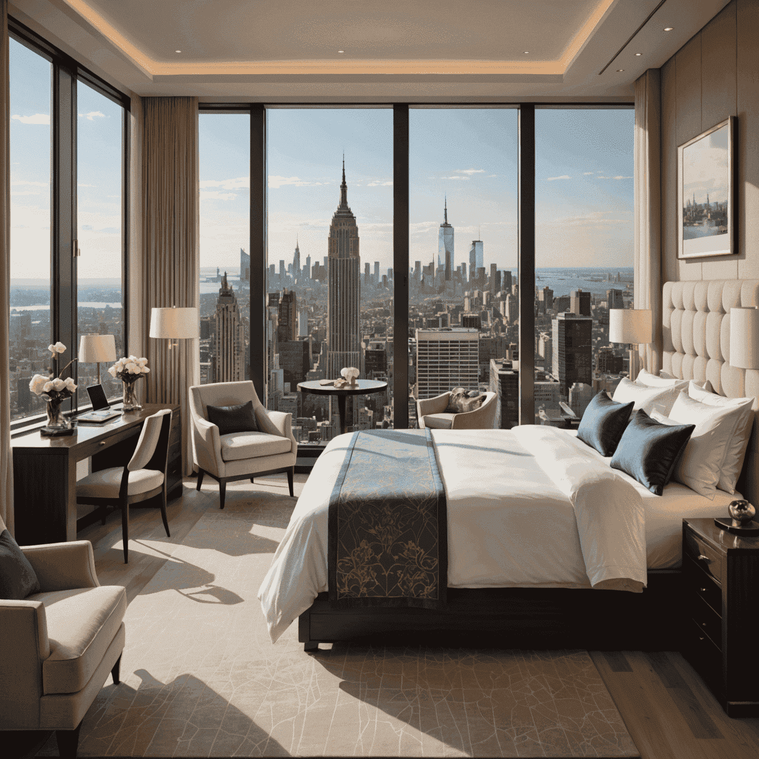 Luxurious hotel room with a king-size bed, elegant furnishings, and a breathtaking view of a cityscape through large windows