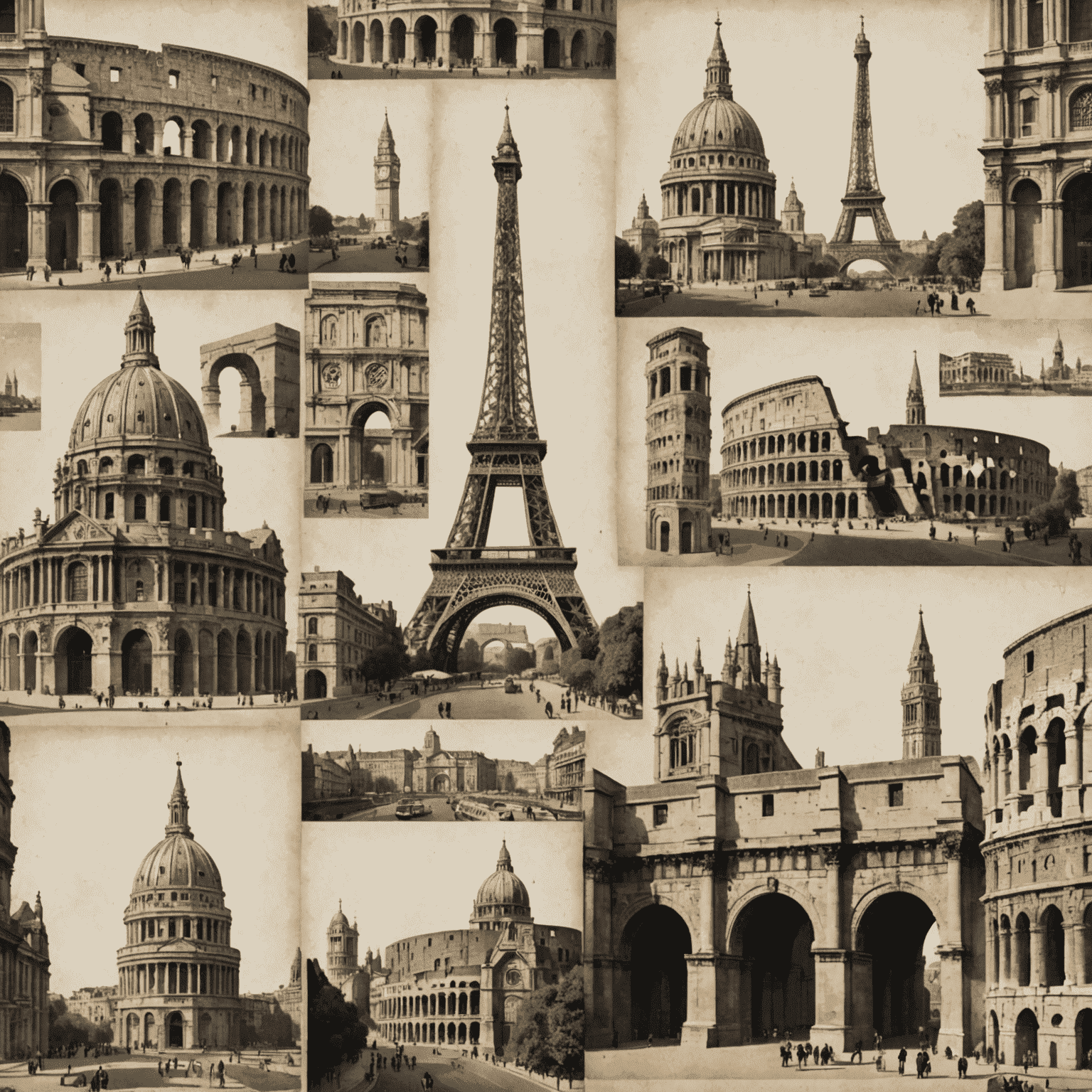 A collage of European landmarks including the Eiffel Tower, Colosseum, and Big Ben