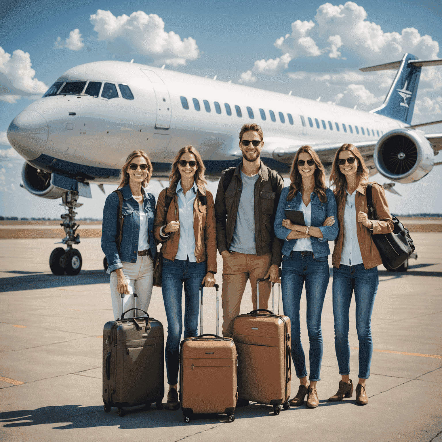 A group of happy travelers with luggage, standing in front of an airplane, symbolizing protected and worry-free travel