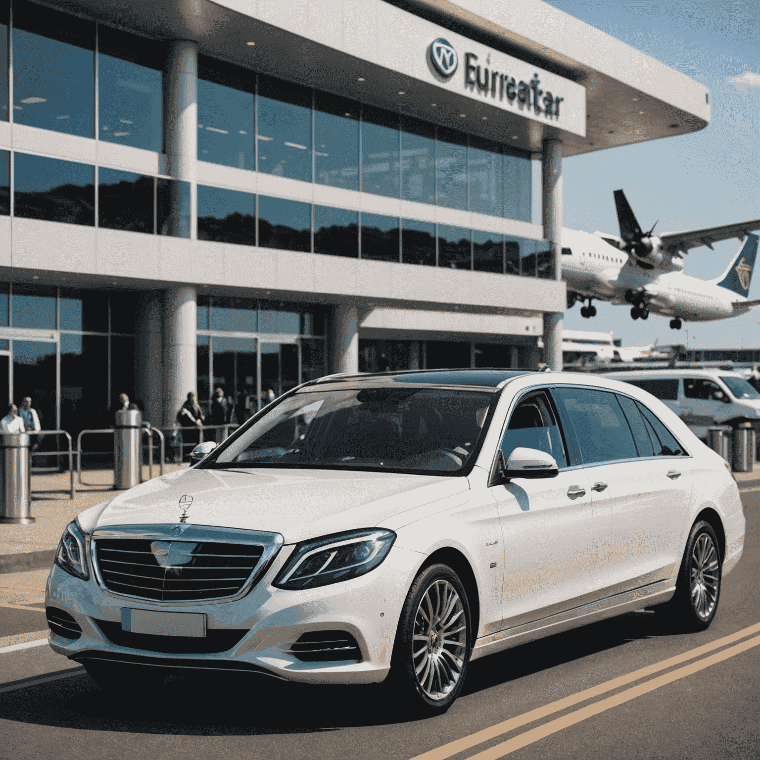 A luxurious airport transfer vehicle waiting outside an airport terminal, ready to pick up passengers