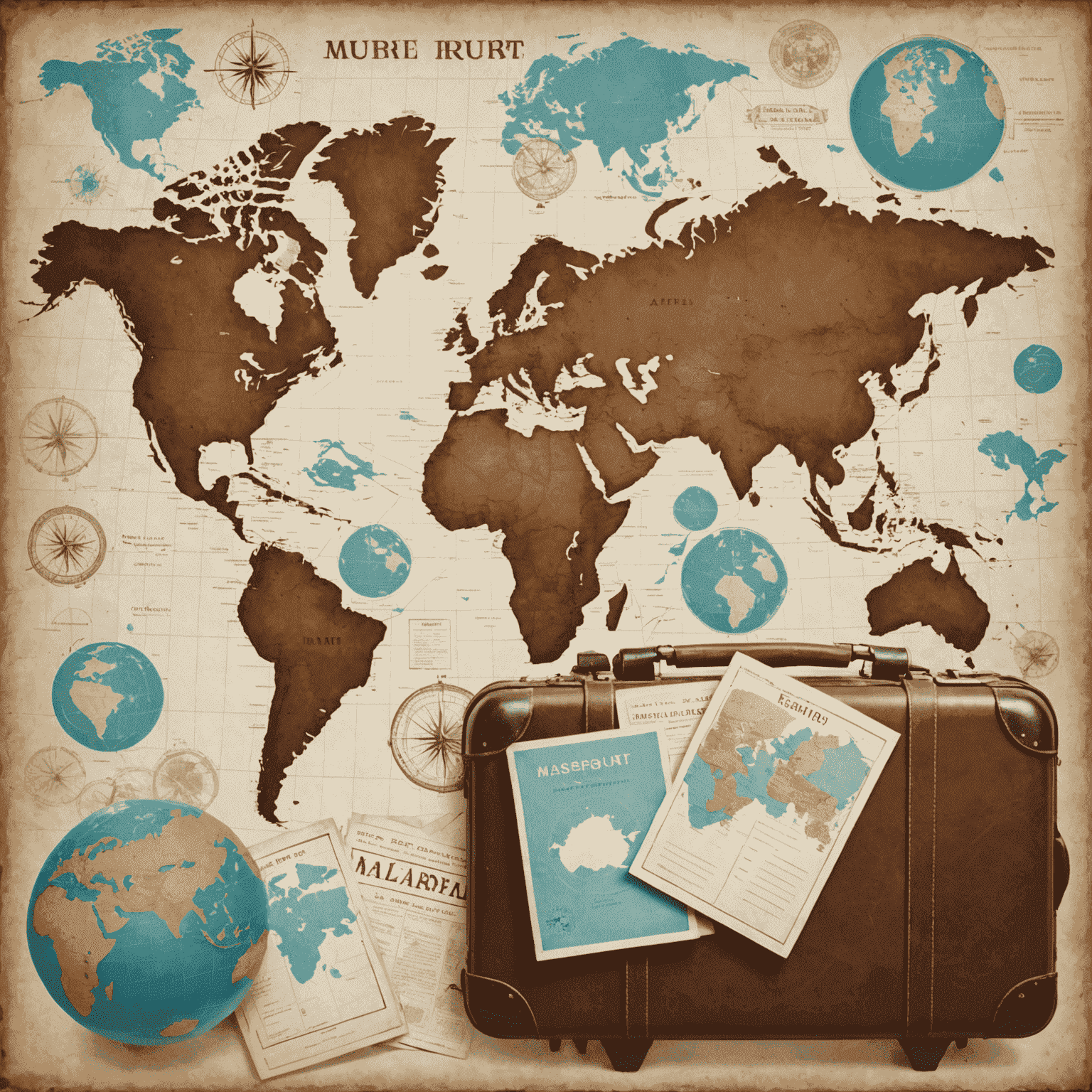 A collage of travel-related images: airplane, suitcase, passport, and a world map