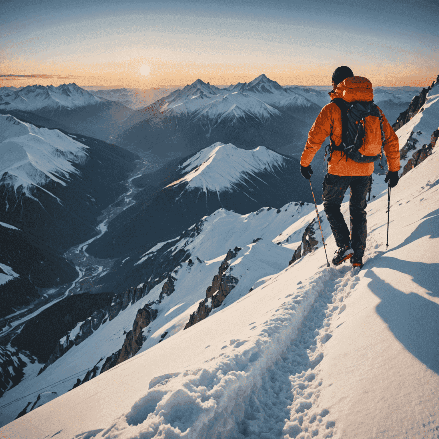 Climber reaching the summit of a snow-capped mountain at sunrise