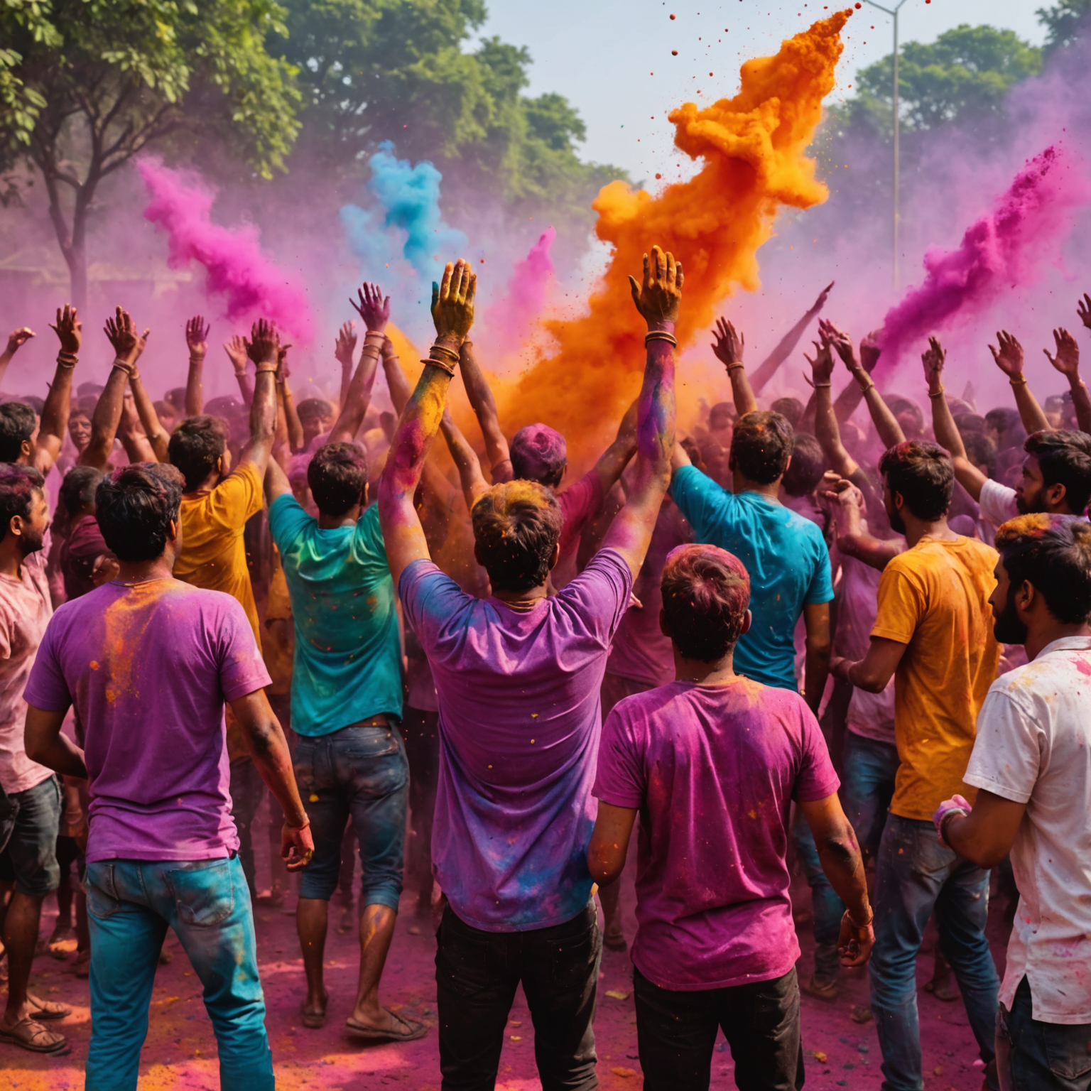 People covered in colorful powder throwing more colors in the air during Holi festival in India