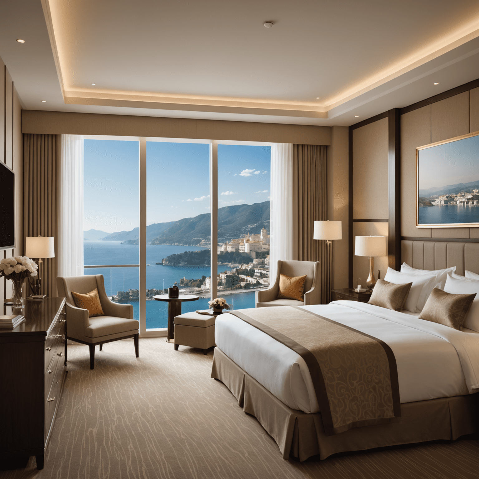 A luxurious hotel room with a panoramic view, representing hotel reservation services