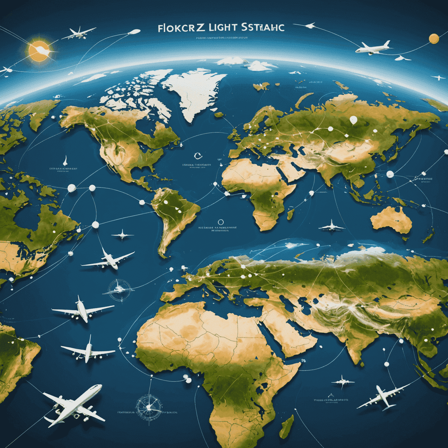 A world map with animated flight paths connecting various cities, symbolizing the global reach of Flokcerz flight booking service. The map is overlaid with icons representing popular landmarks from different countries.