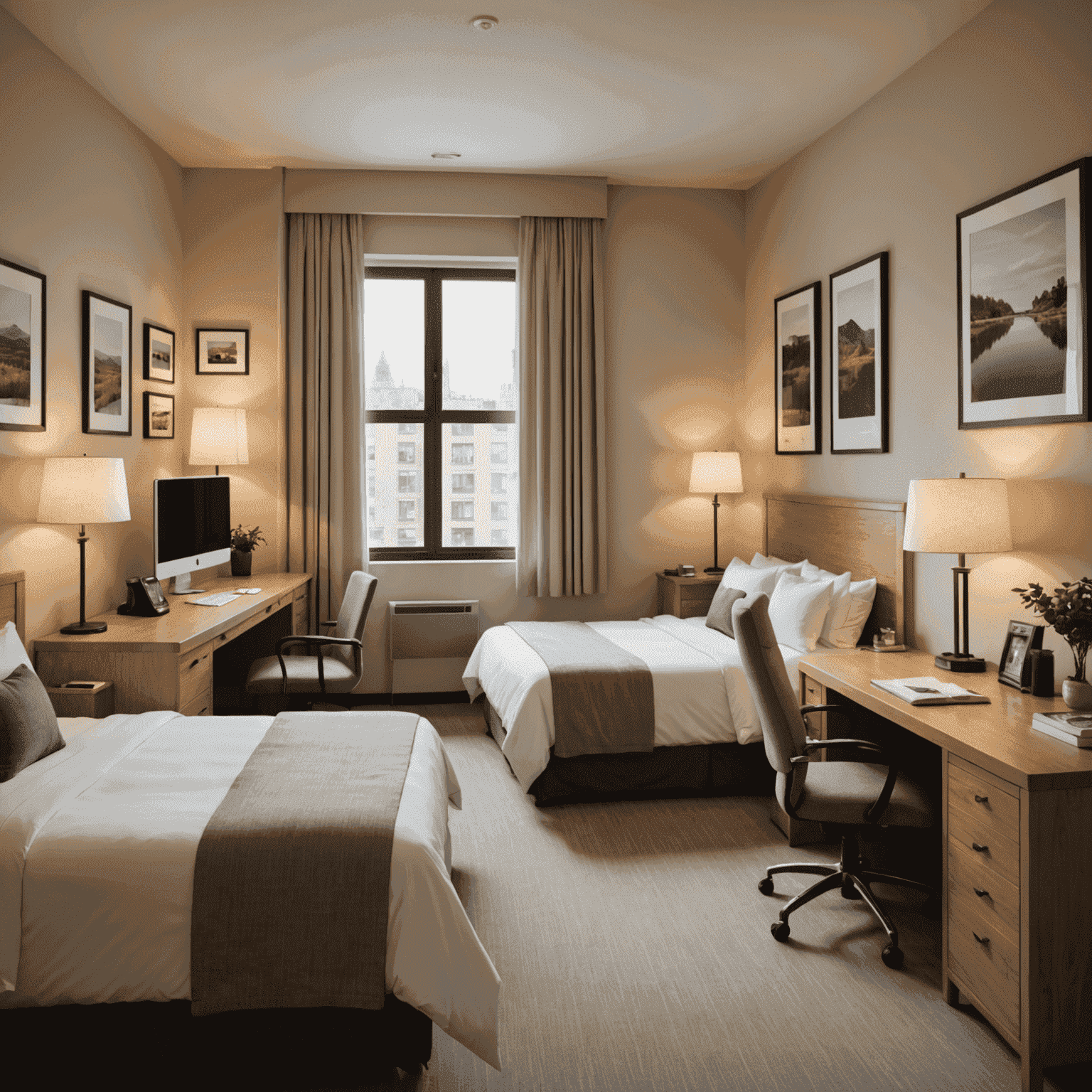 Cozy budget hotel room with twin beds, simple decor, and a small work desk