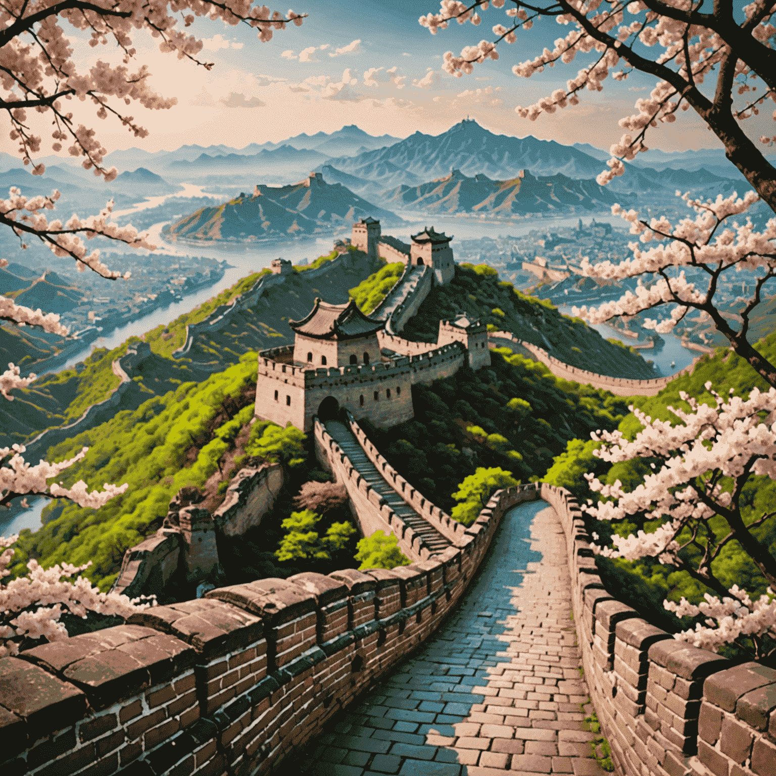 A montage of Asian attractions including the Great Wall of China, Taj Mahal, and Japanese cherry blossoms