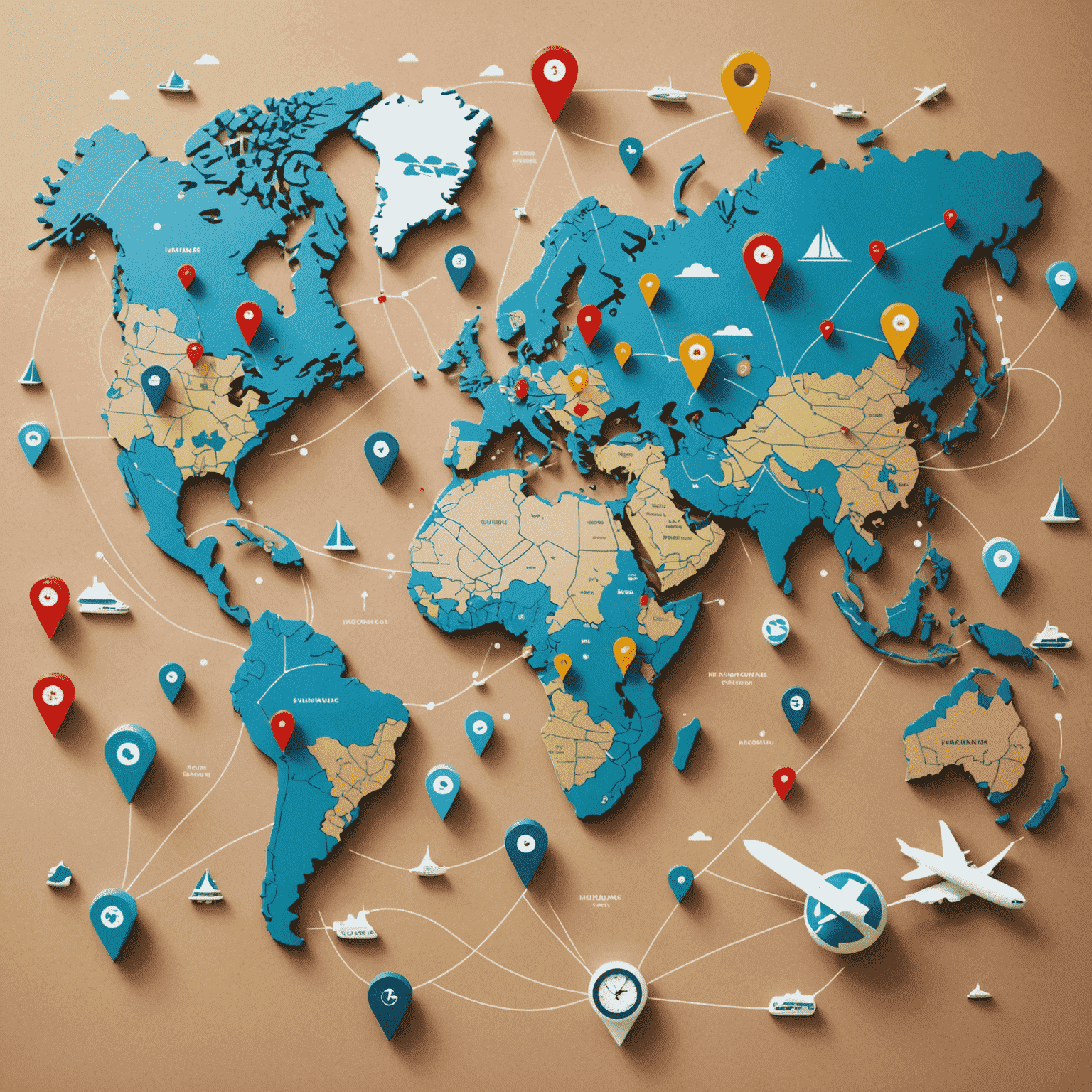 A world map with pins and travel routes, overlaid with icons representing different types of insurance coverage