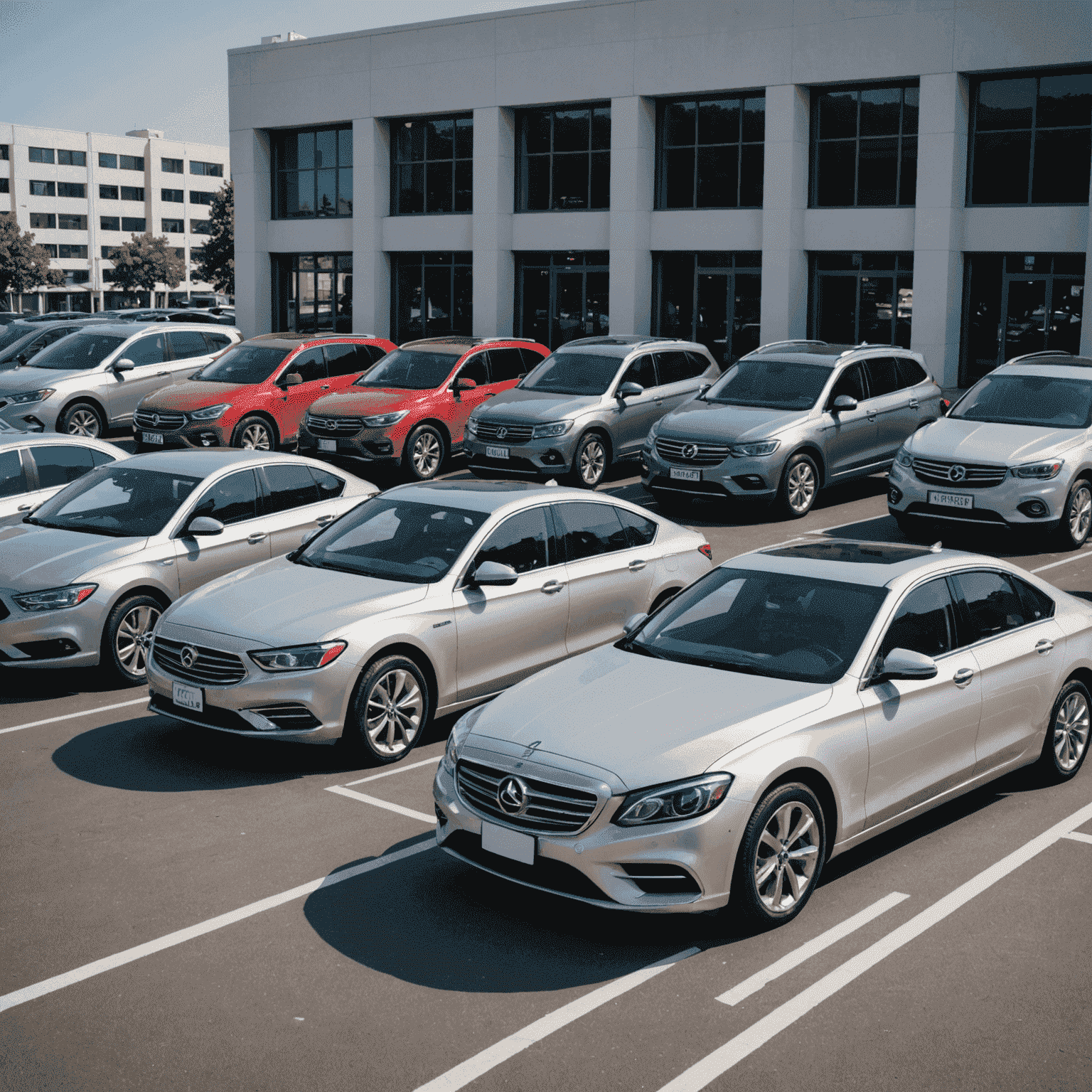 A variety of rental cars parked in a row, showcasing different models and sizes available for travelers