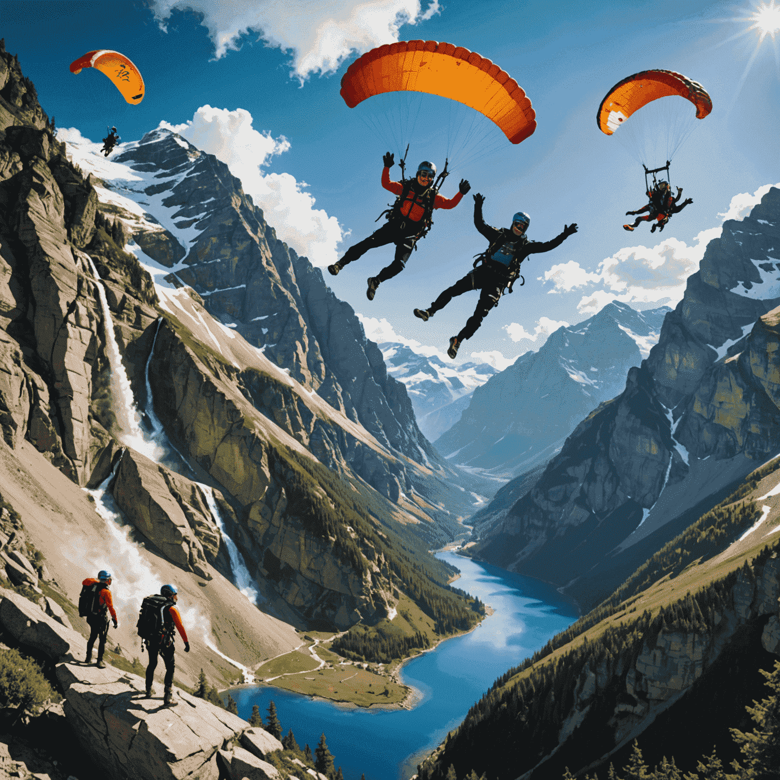 An action-packed montage of adventure activities: mountain climbing, skydiving, and scuba diving