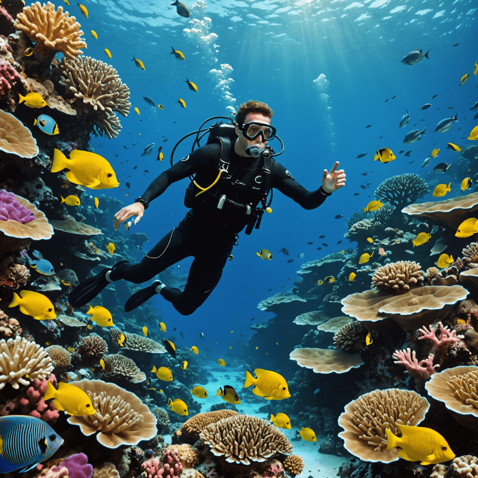 Scuba diver exploring a colorful coral reef teeming with tropical fish