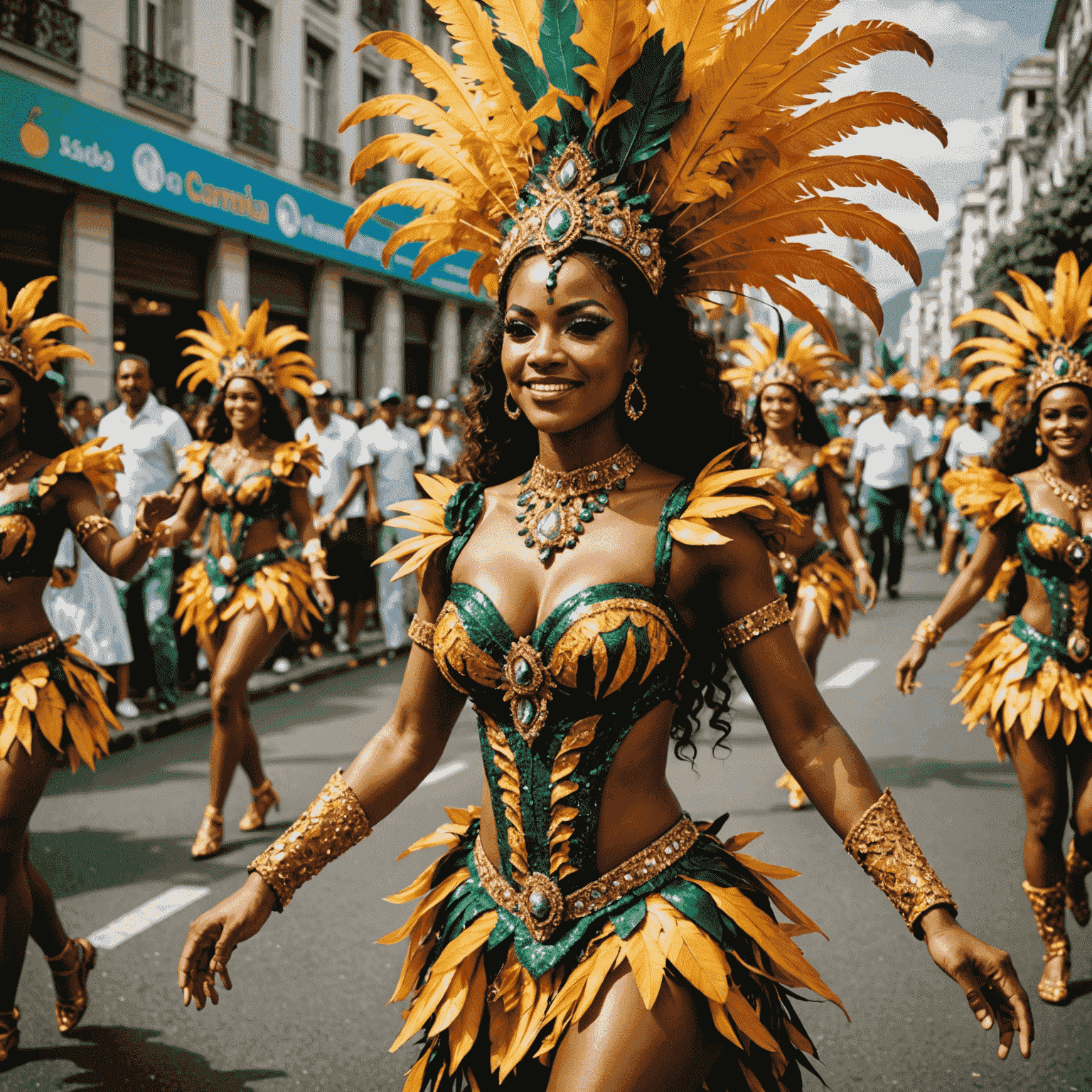 Samba dancers in elaborate costumes parading through the streets of Rio during Carnival