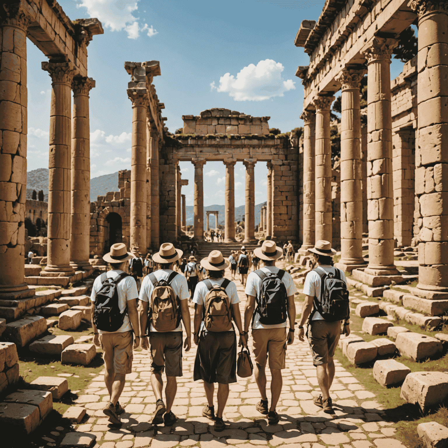 A group of tourists exploring ancient ruins, representing tour package services