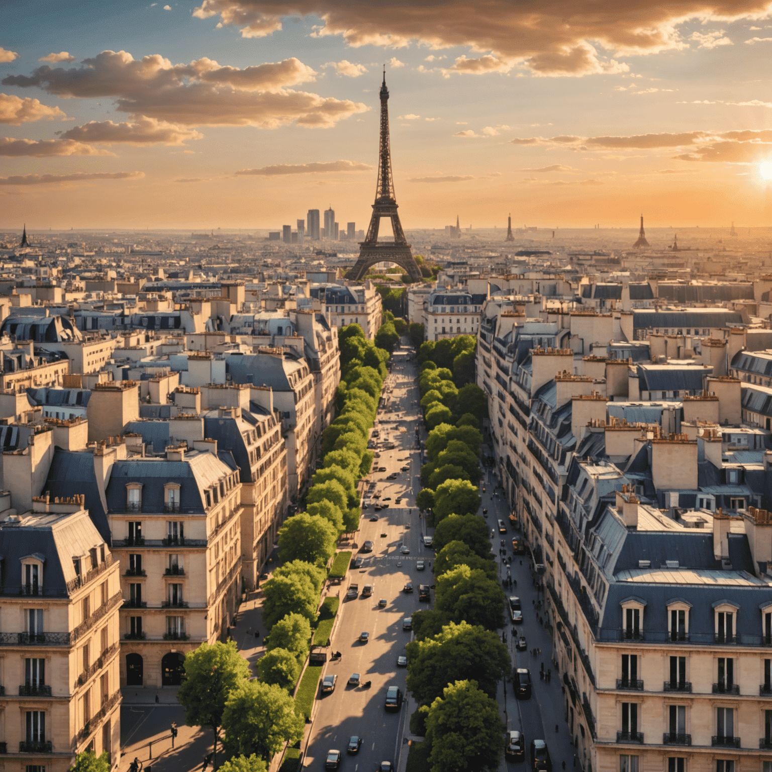 Scenic view of Paris with the Eiffel Tower prominently featured against a beautiful sunset sky