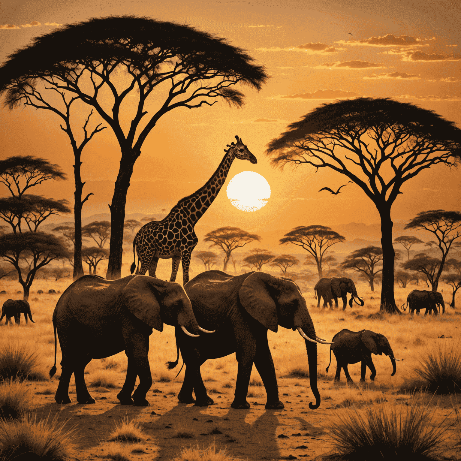 A scenic African savanna with elephants, giraffes, and a setting sun