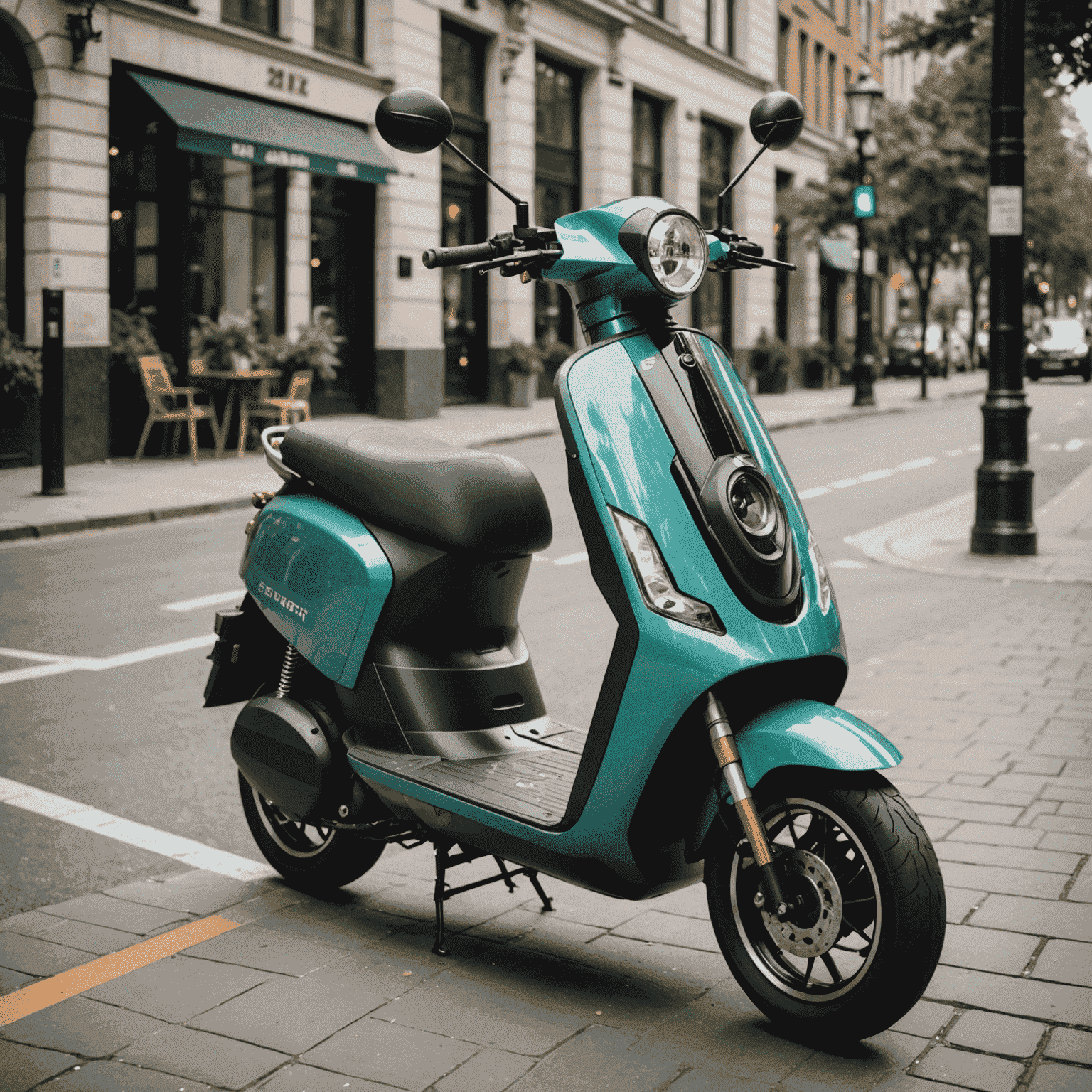 A modern, eco-friendly electric scooter parked on a city sidewalk, ready for urban exploration