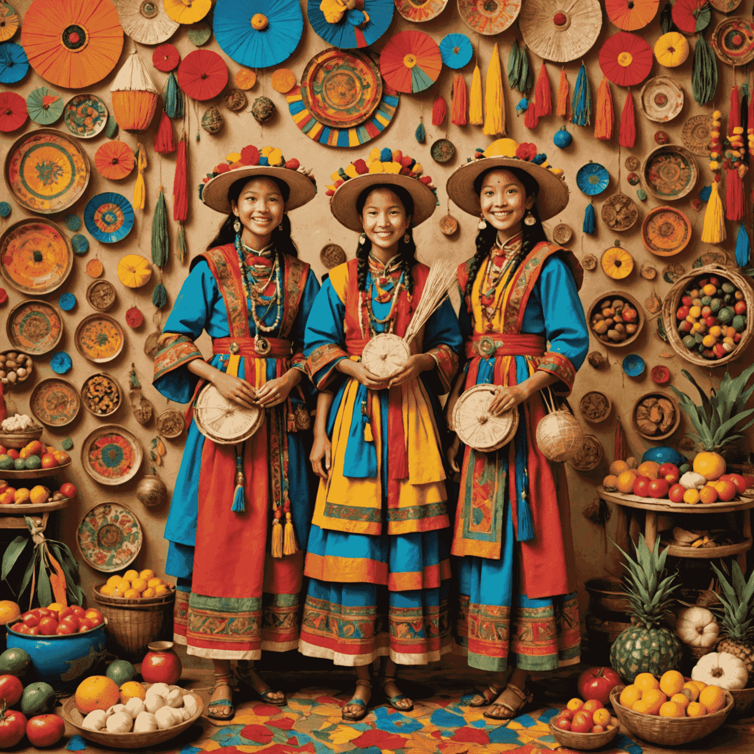 A vibrant collage of cultural festivals and traditions from around the world, featuring colorful costumes, traditional foods, and local crafts