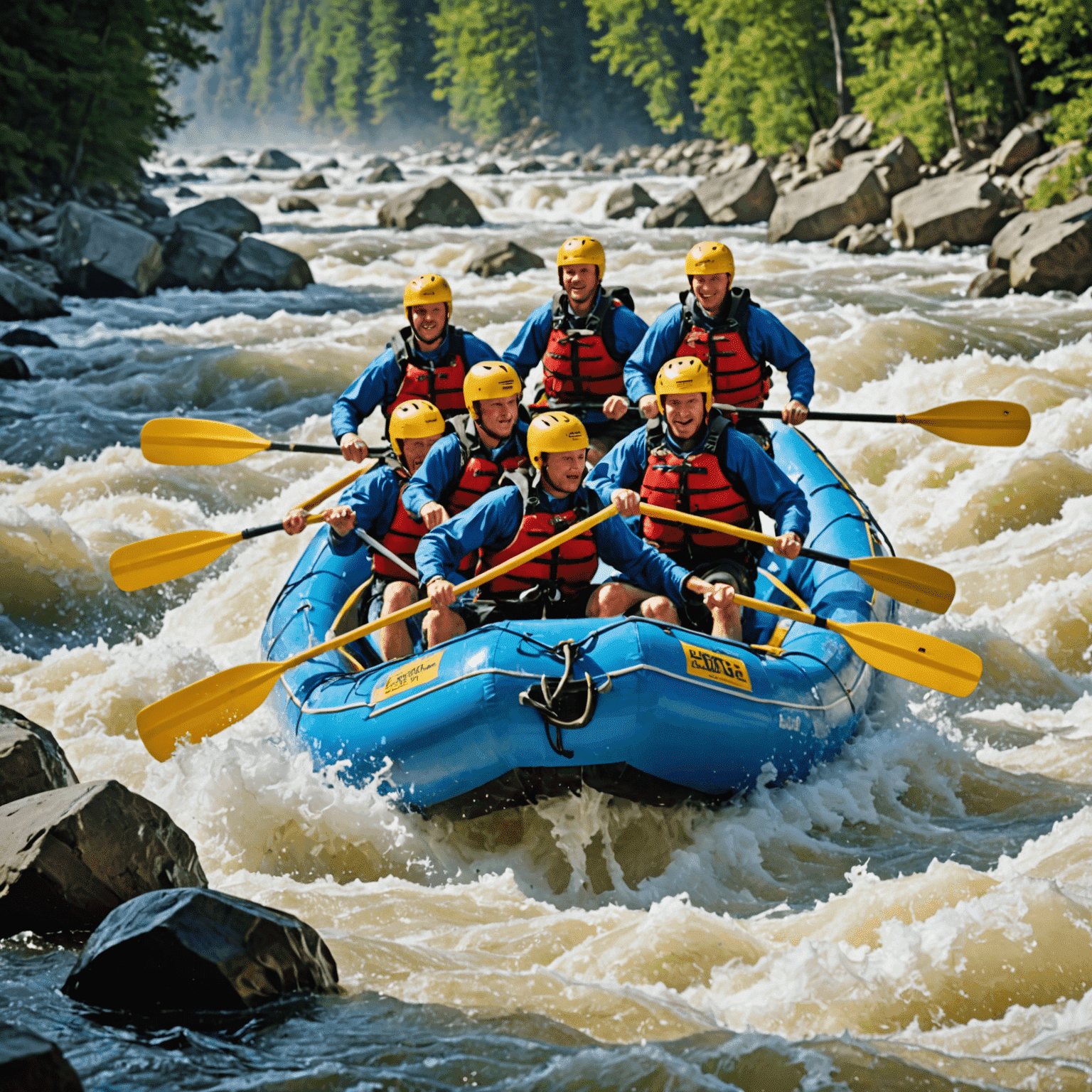 Group of rafters paddling through intense white-water rapids