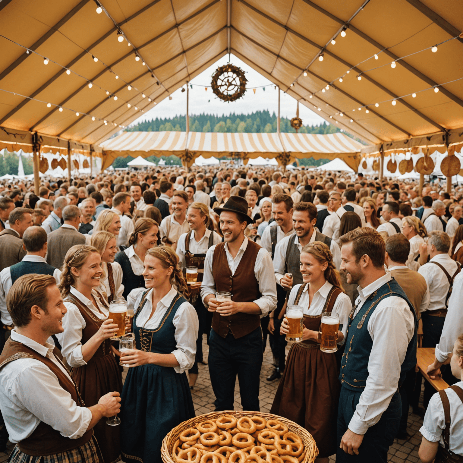 Large beer tents filled with people in traditional Bavarian dress enjoying beer and pretzels at Oktoberfest