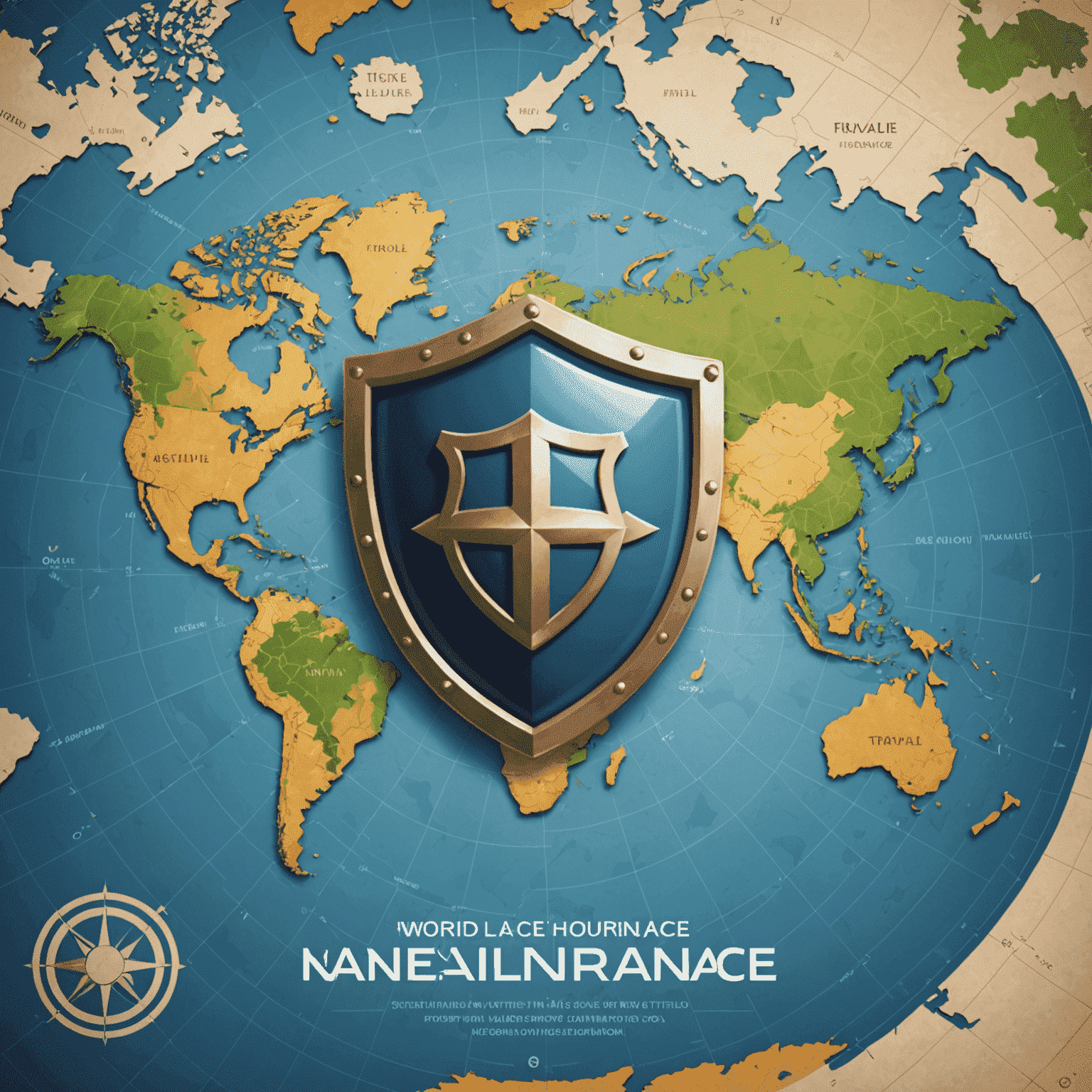 A shield icon overlaid on a world map, symbolizing travel insurance protection