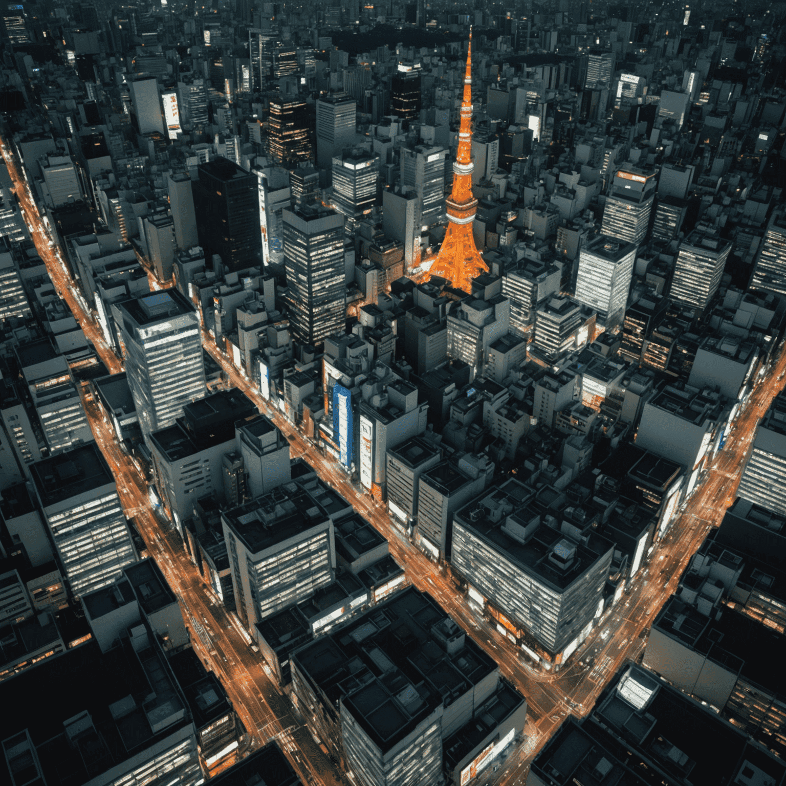 Aerial view of Tokyo's bustling cityscape at night, showcasing its vibrant lights and iconic skyscrapers