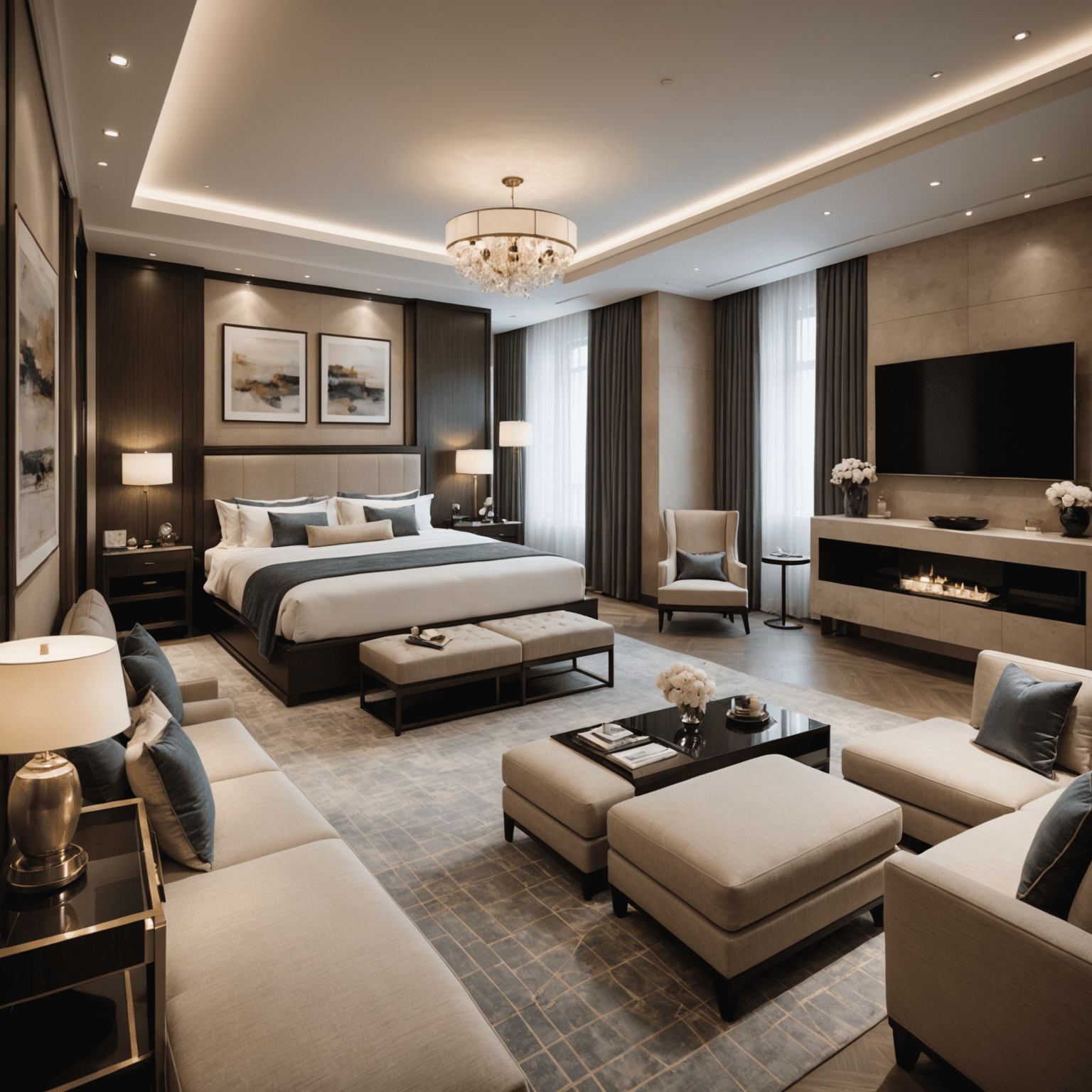 Luxurious hotel suite with a separate living area, high-end furnishings, and a private jacuzzi