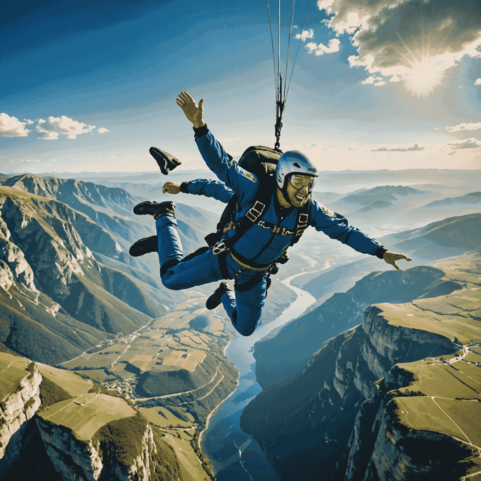 Skydiver in freefall against a backdrop of picturesque landscape