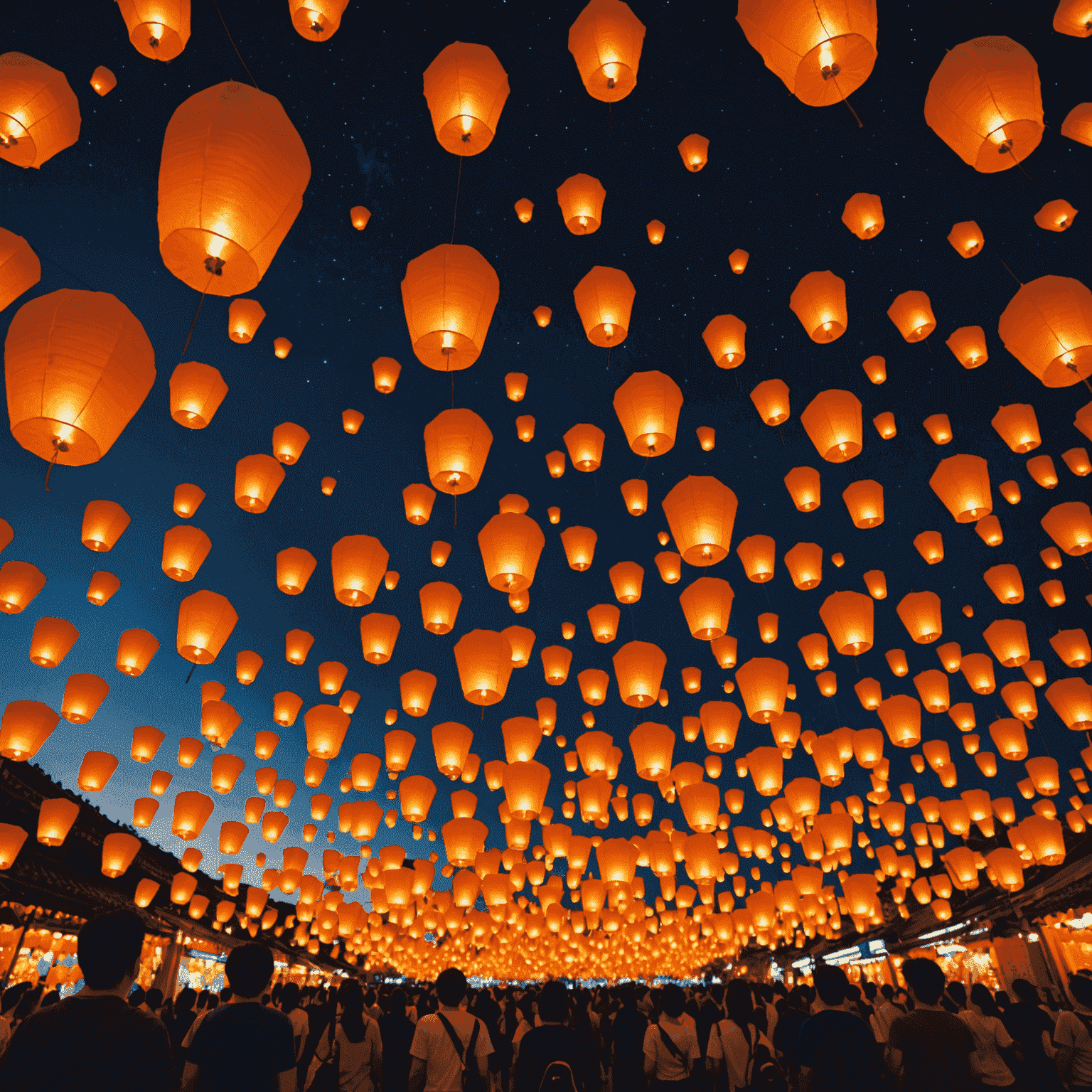 Night sky filled with hundreds of glowing paper lanterns floating upwards during the Lantern Festival in Taiwan