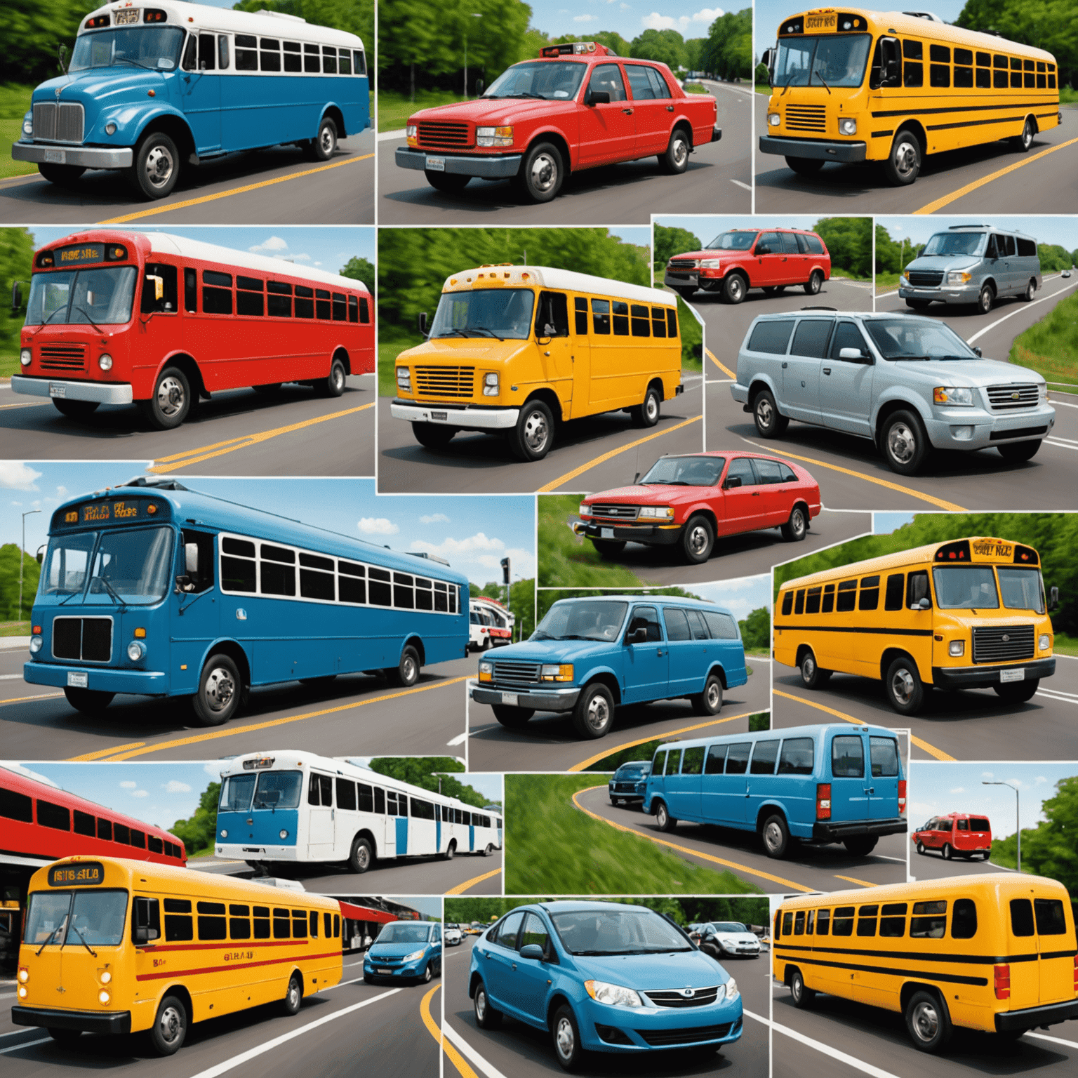 A collage of various transportation modes including car, bus, and train, representing transportation services