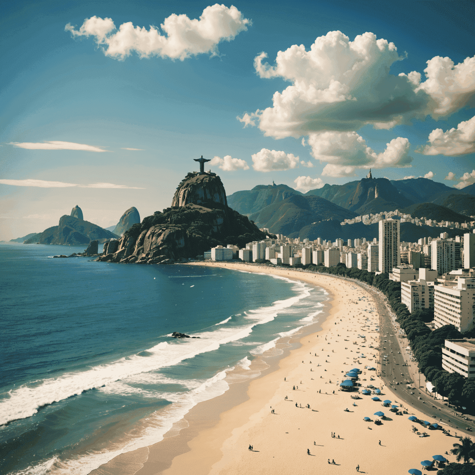 Breathtaking view of Rio de Janeiro's Copacabana beach with Christ the Redeemer statue visible in the background