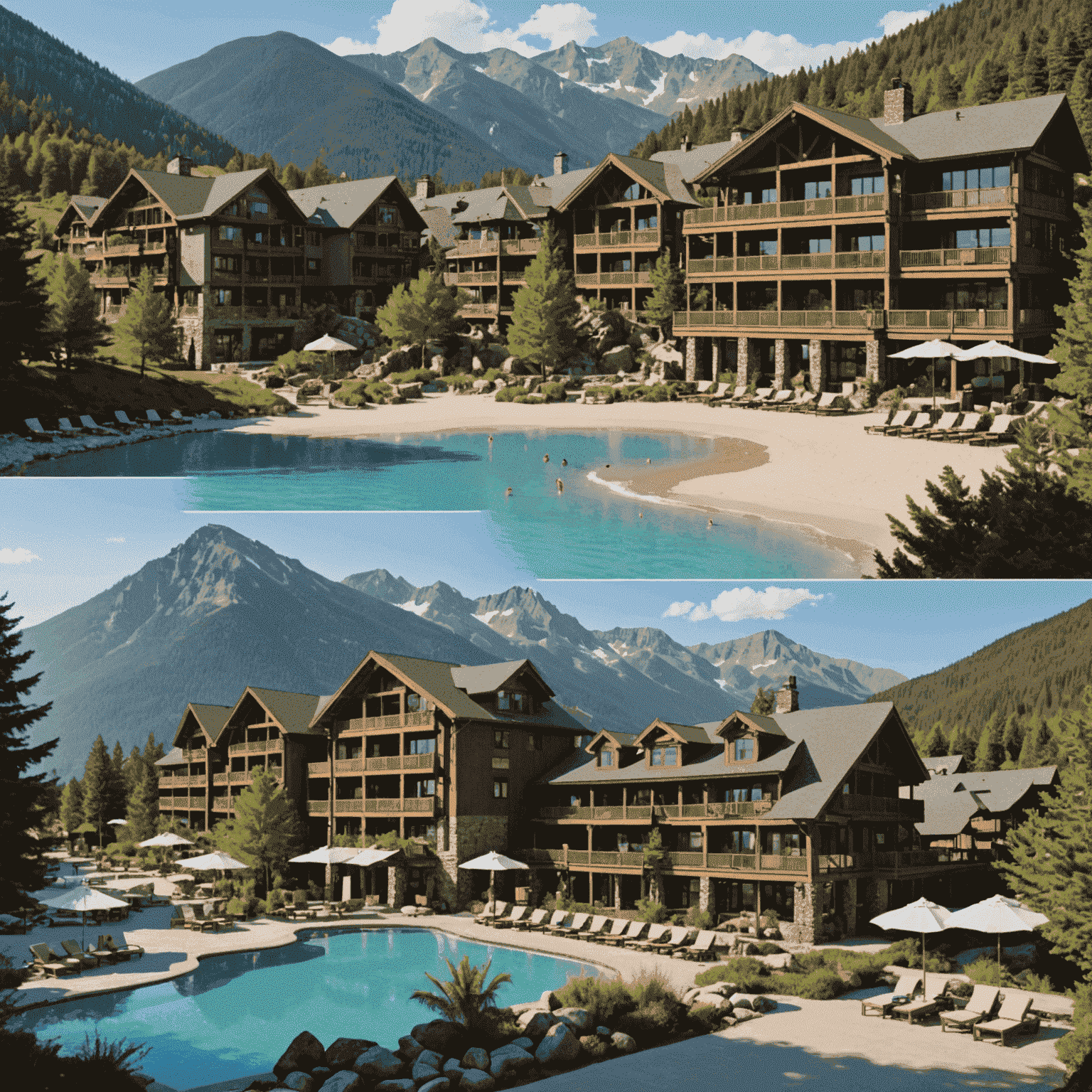 Collage of various hotel types: a beachfront resort, a city center hotel, and a cozy mountain lodge