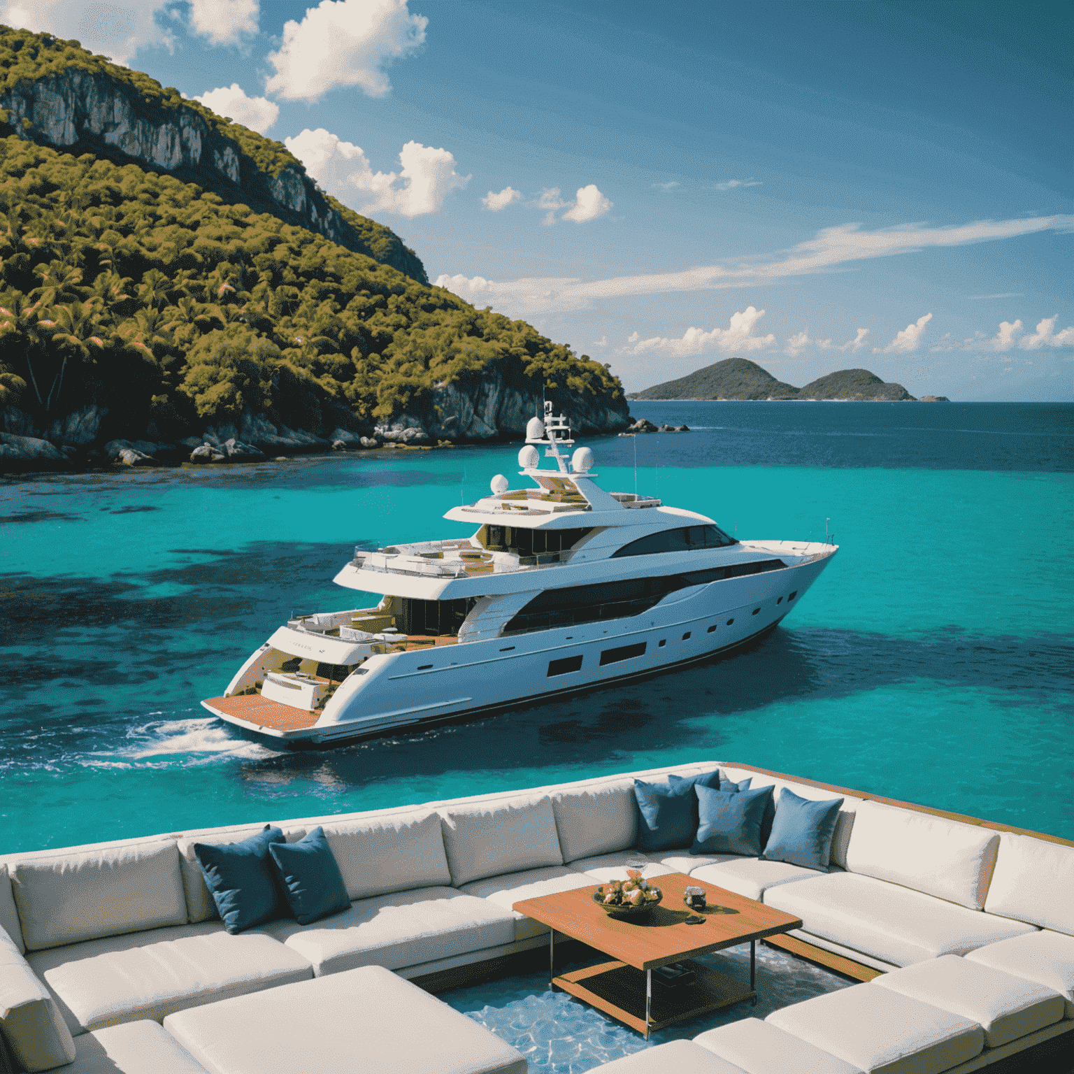 A luxurious private yacht anchored in a beautiful bay, with crystal clear water and a tropical island in the background